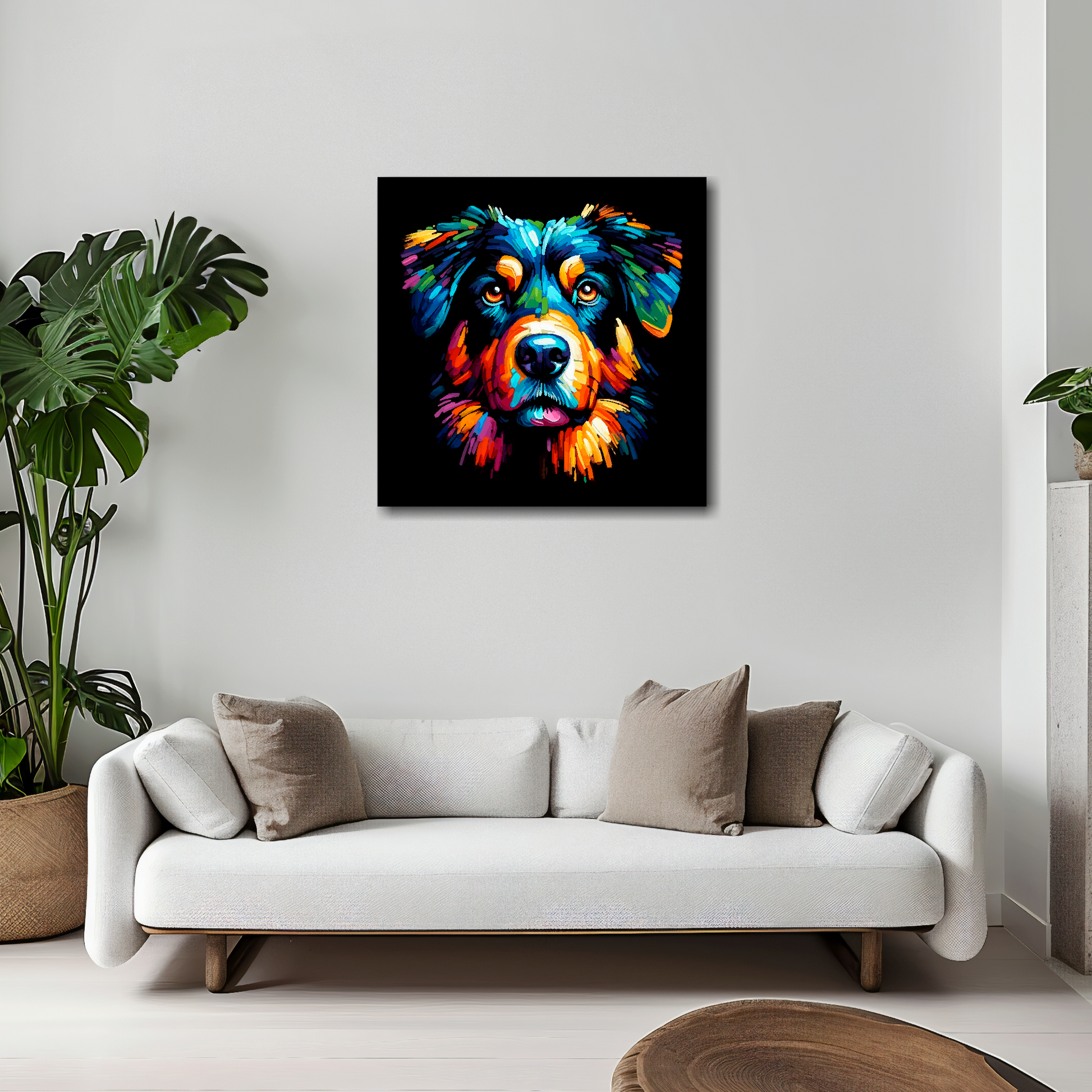 Beauceron canvas 20x20 inches above white sofa - vibrant dog portrait UK