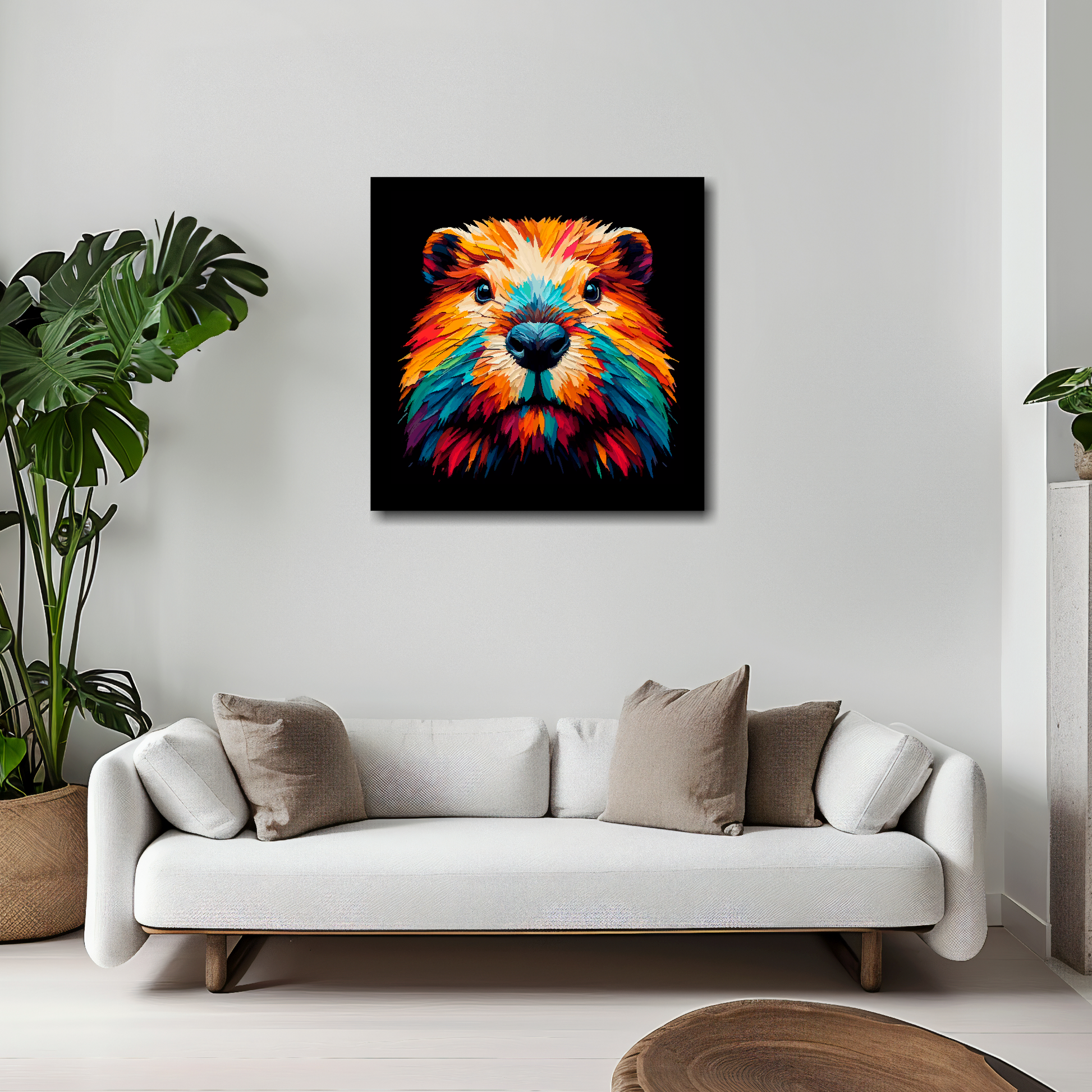 Beaver canvas 20x20 inches above white sofa - vibrant wildlife portrait wall art UK