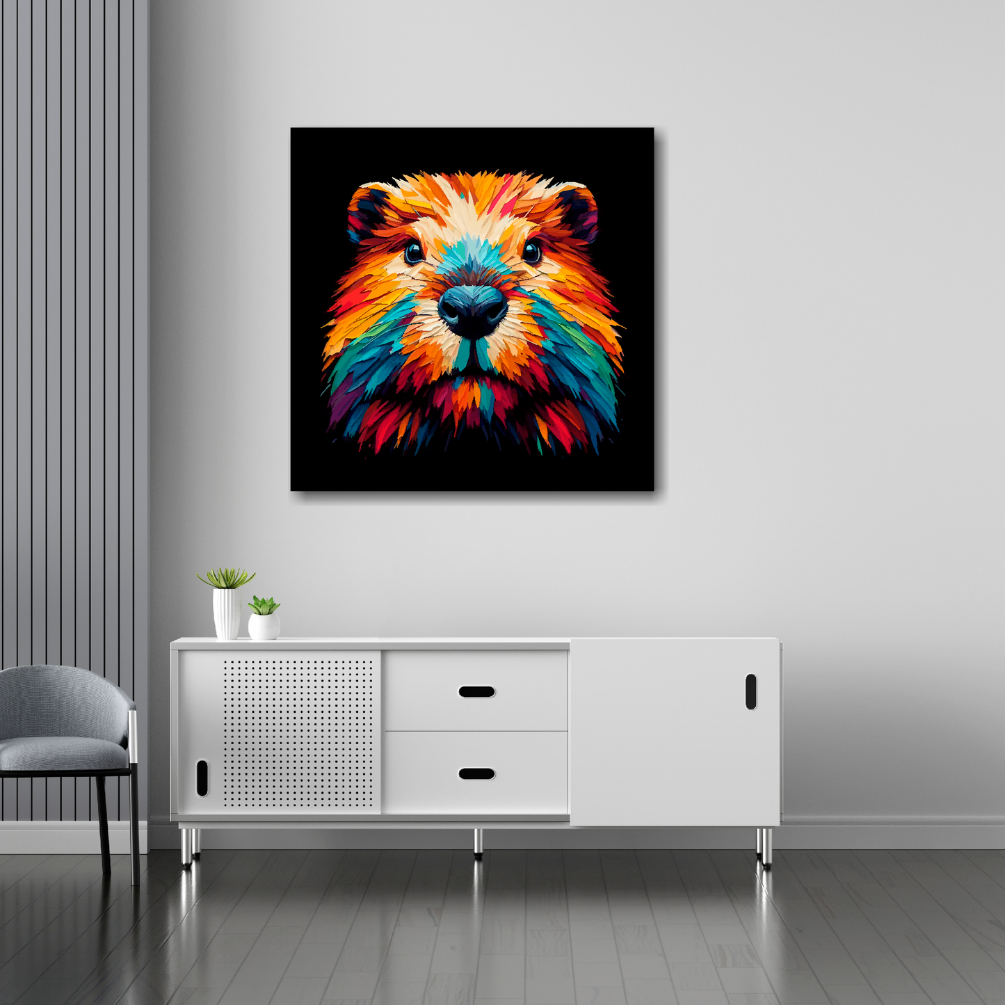 Beaver canvas 30x30 inches above sideboard - large colourful wildlife portrait UK made