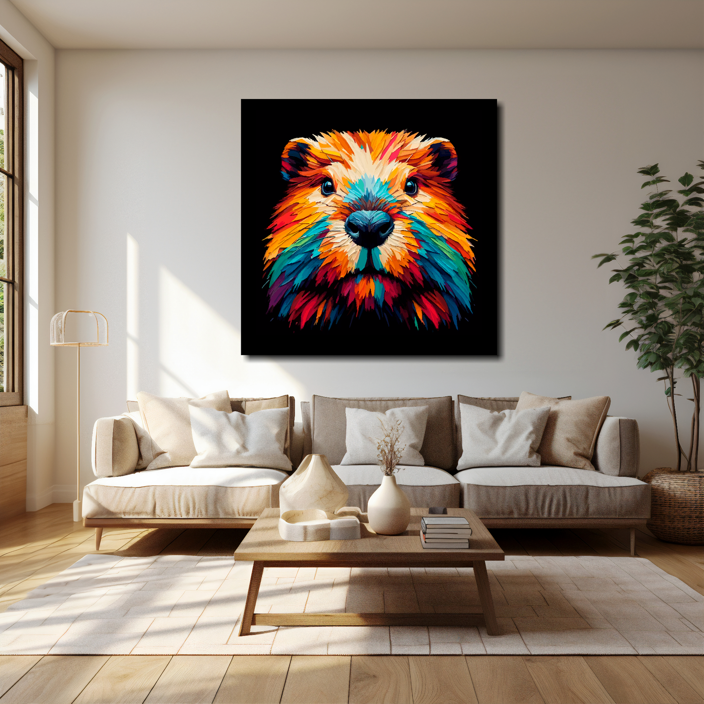 Beaver canvas 40x40 inches above cream sofa - XL vibrant wildlife wall art UK