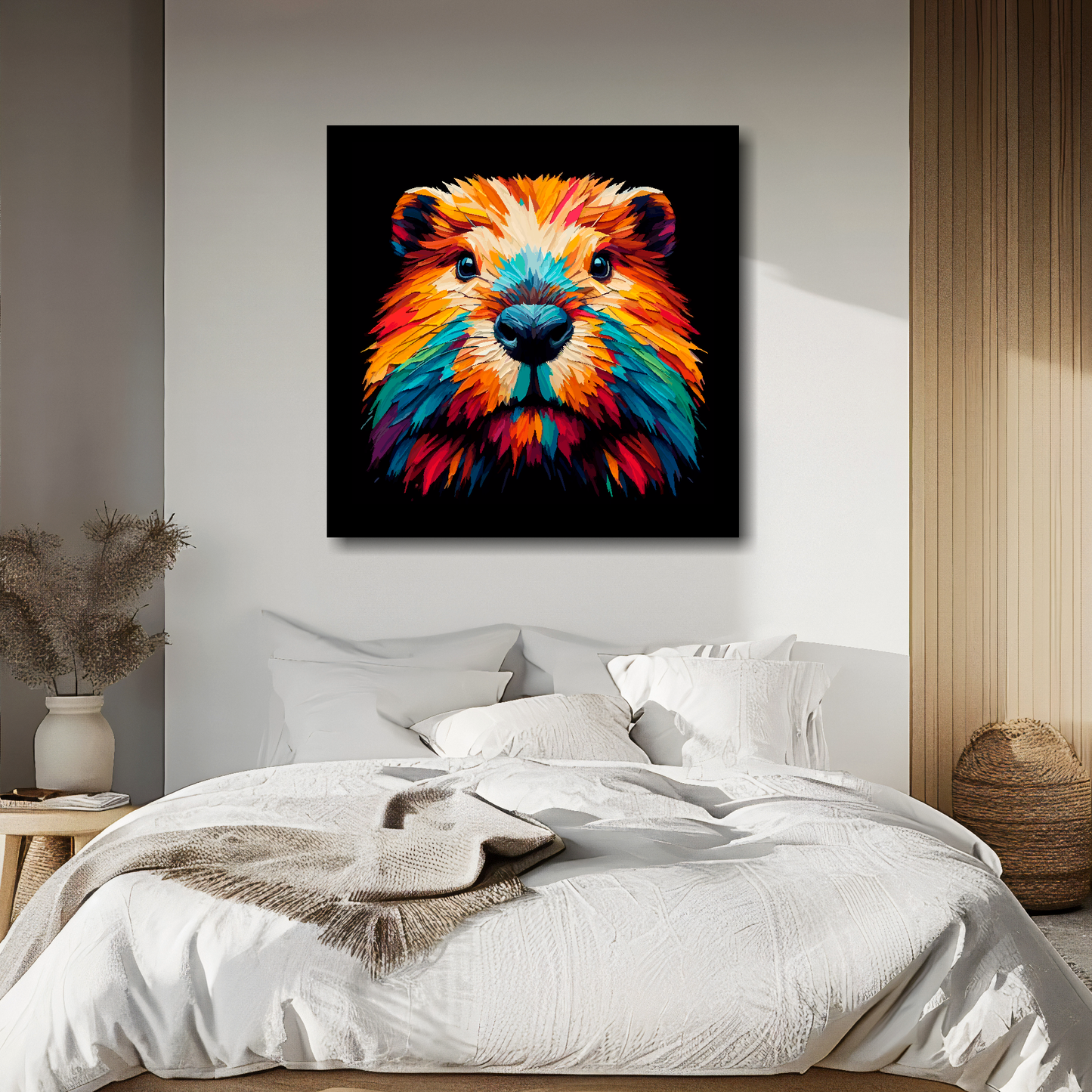 Beaver portrait canvas above bed - colourful wildlife wall decor for UK bedrooms