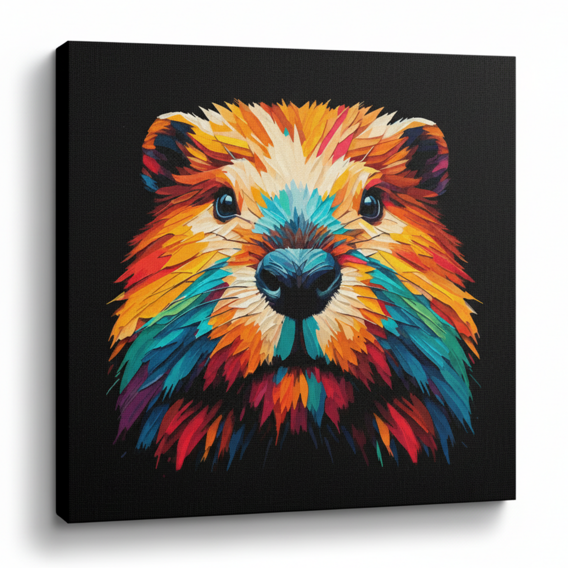 Colourful Beaver wildlife portrait canvas print - UK made abstract animal wall art black background
