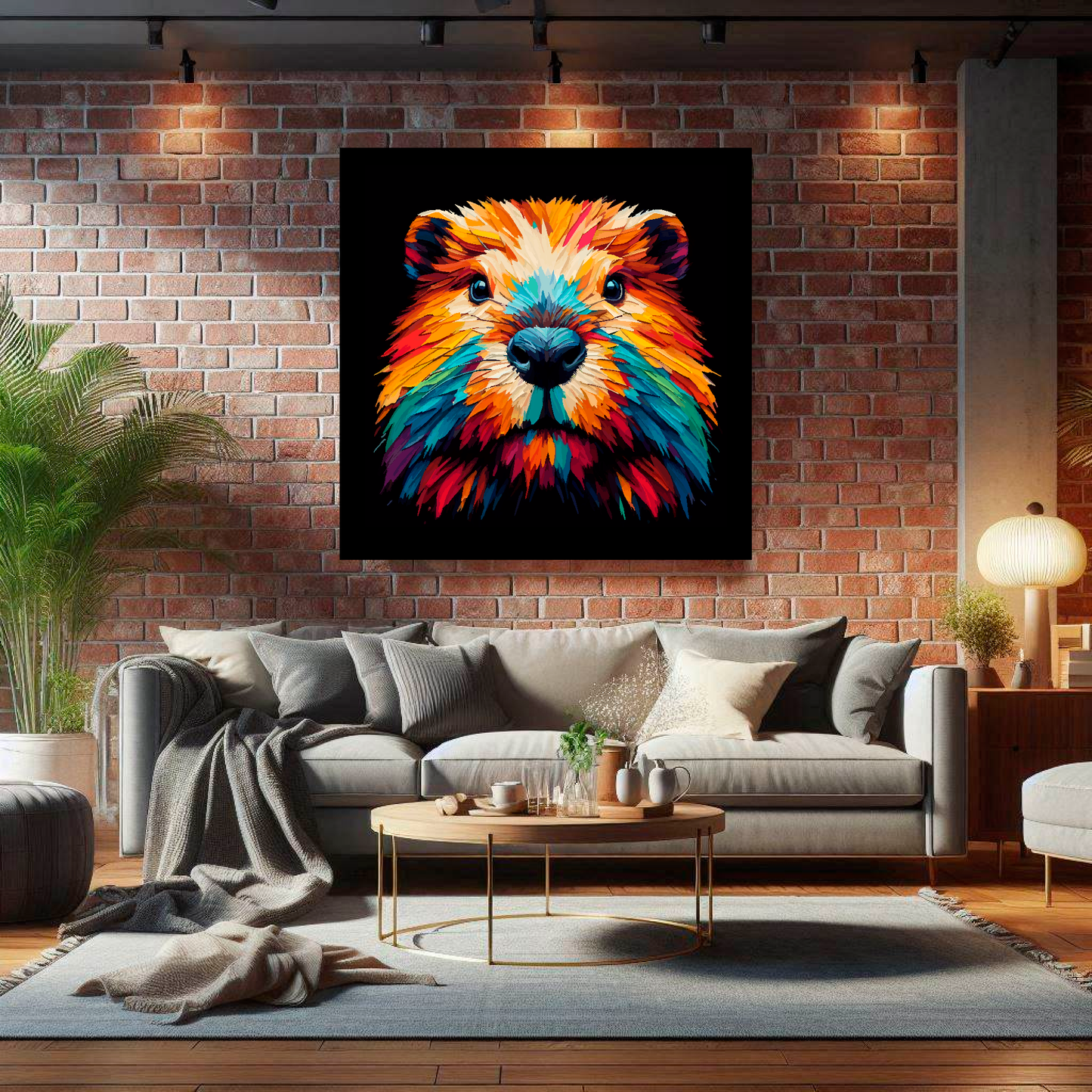 Large Beaver canvas on brick wall above grey sofa - bold wildlife portrait UK living room