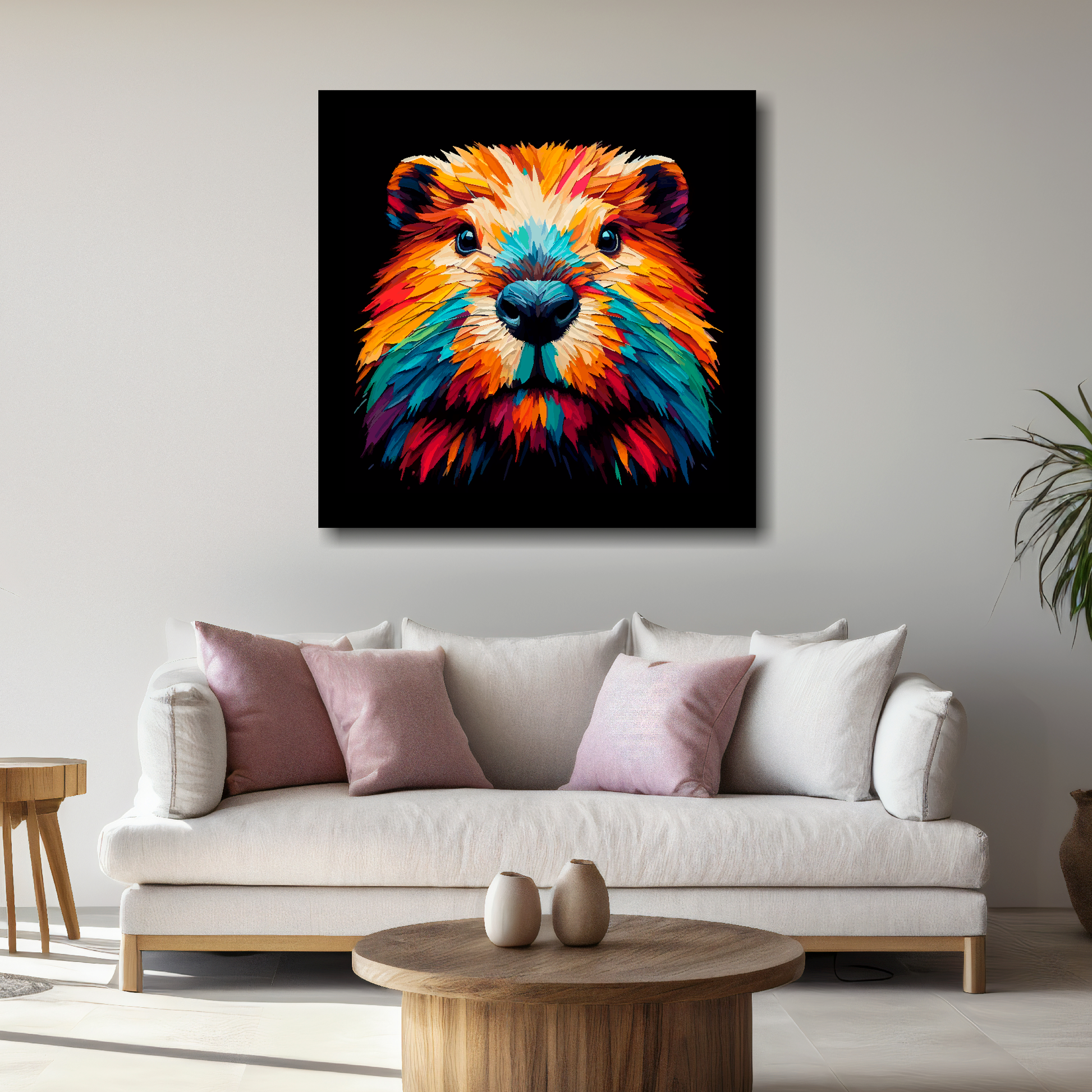 Large Beaver canvas above white sofa - vibrant abstract wildlife portrait wall art UK