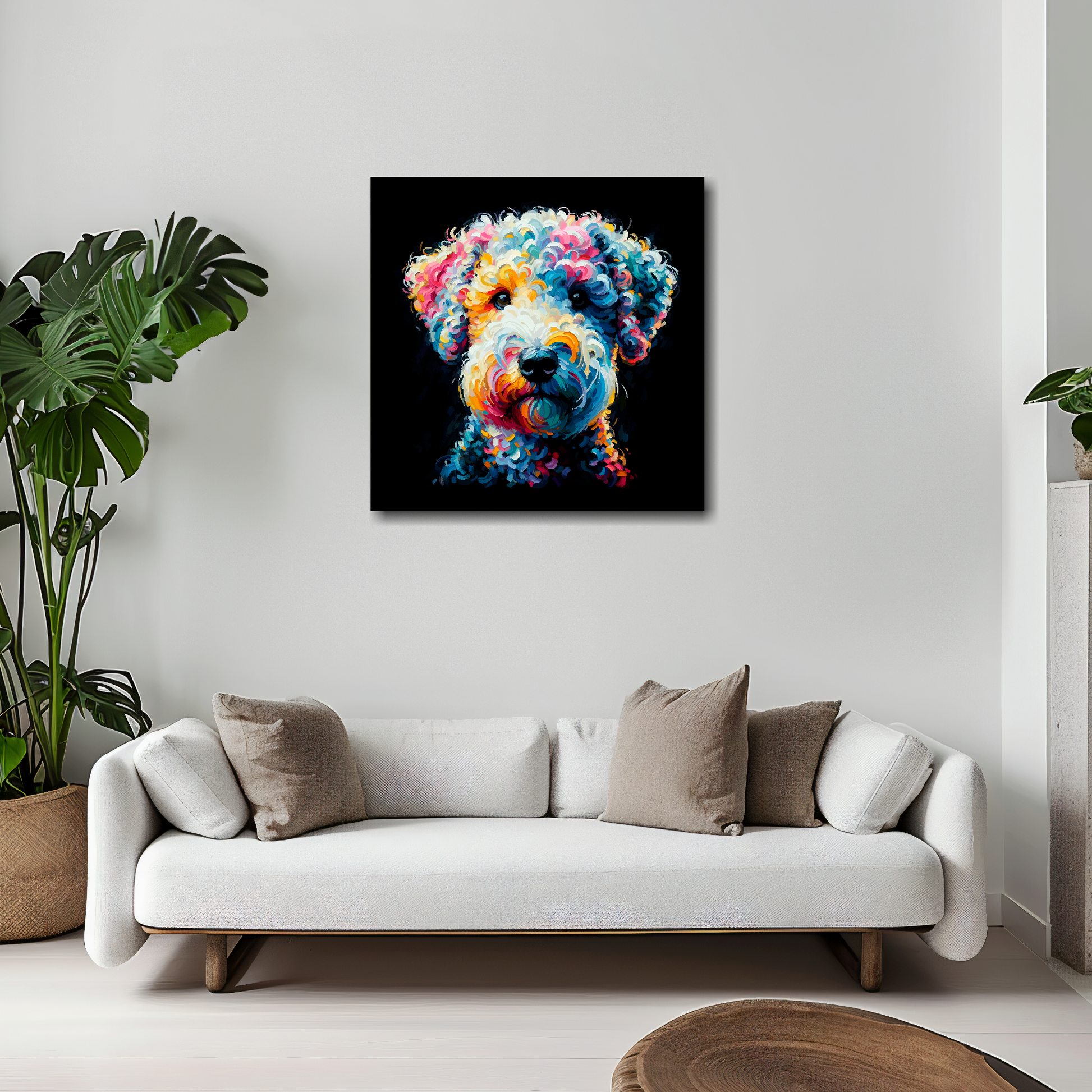 Bedlington Terrier canvas 30x30 inches above sideboard - large colourful dog portrait UK made