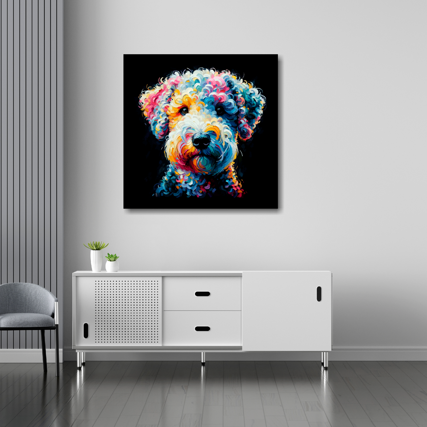 Bedlington Terrier canvas 30x30 inches above sideboard - large colourful dog portrait UK made