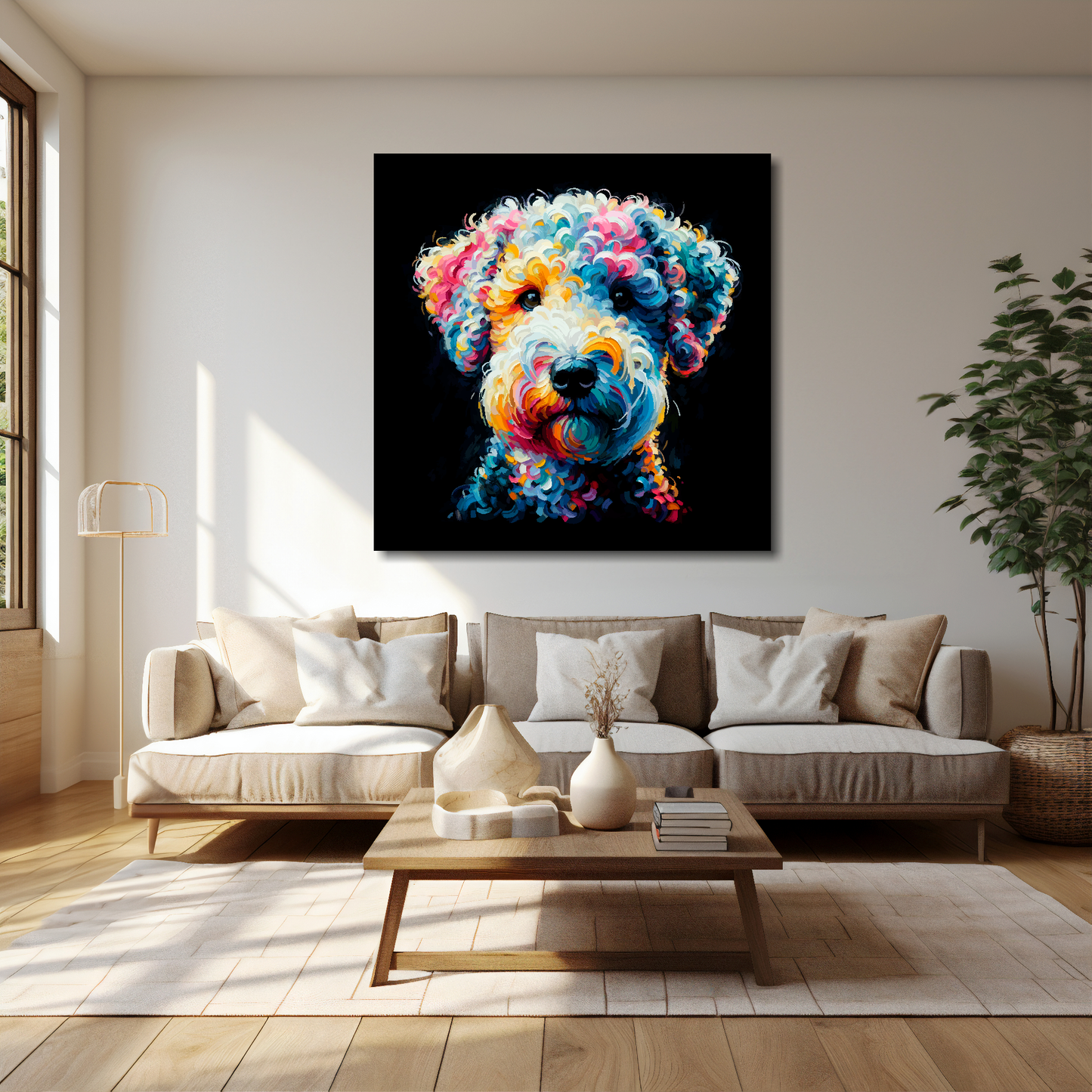 Bedlington Terrier canvas 40x40 inches above cream sofa - XL vibrant dog wall art UK