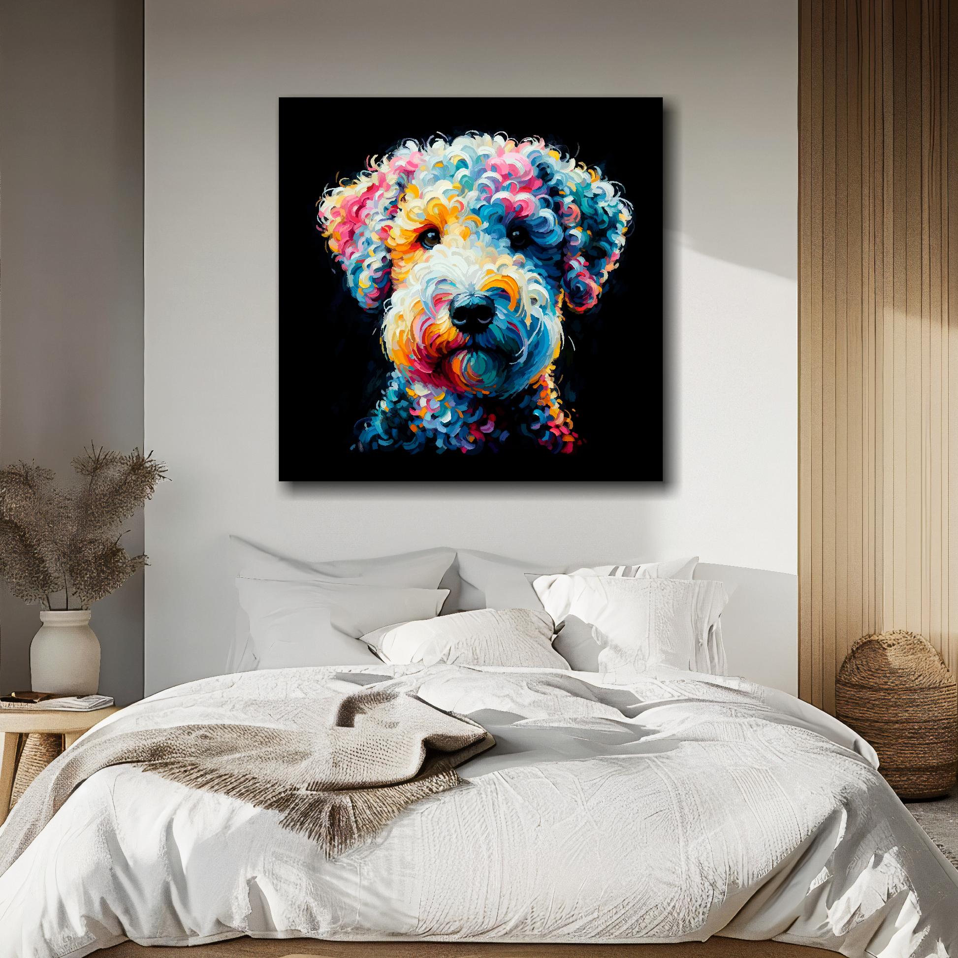 Bedlington Terrier portrait canvas above bed - colourful dog wall decor for UK bedrooms