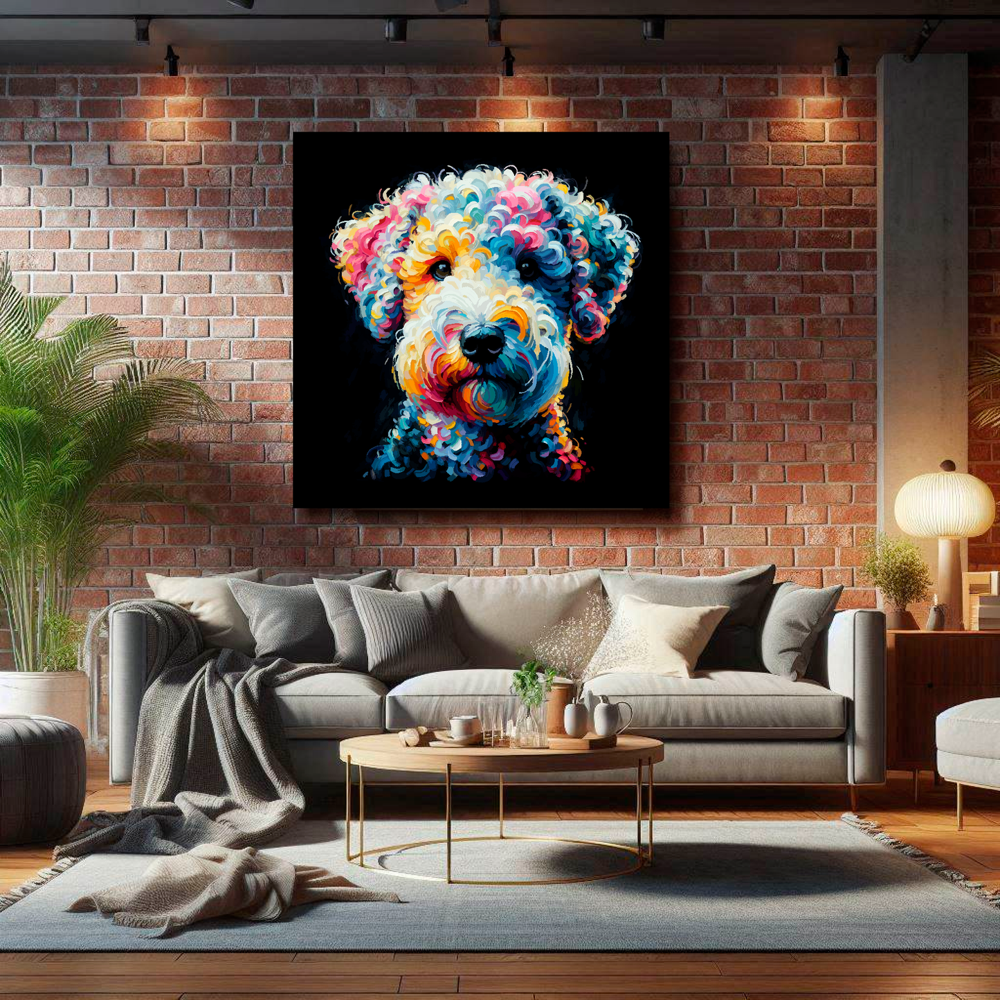 Large Bedlington Terrier canvas on brick wall above grey sofa - bold dog portrait UK living room