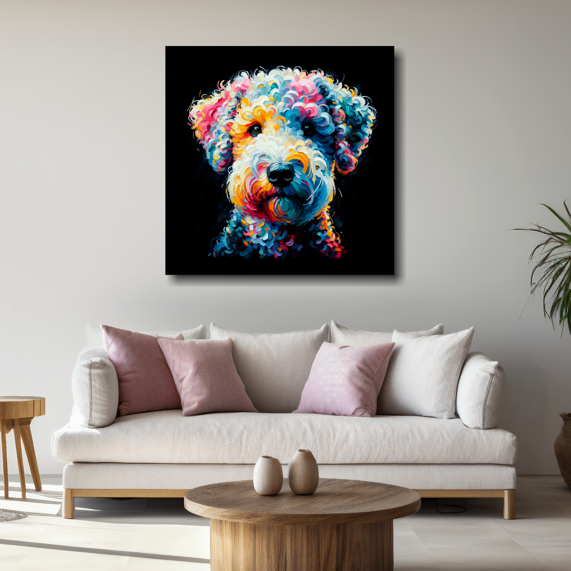 Large Bedlington Terrier canvas above white sofa - vibrant abstract dog portrait wall art UK