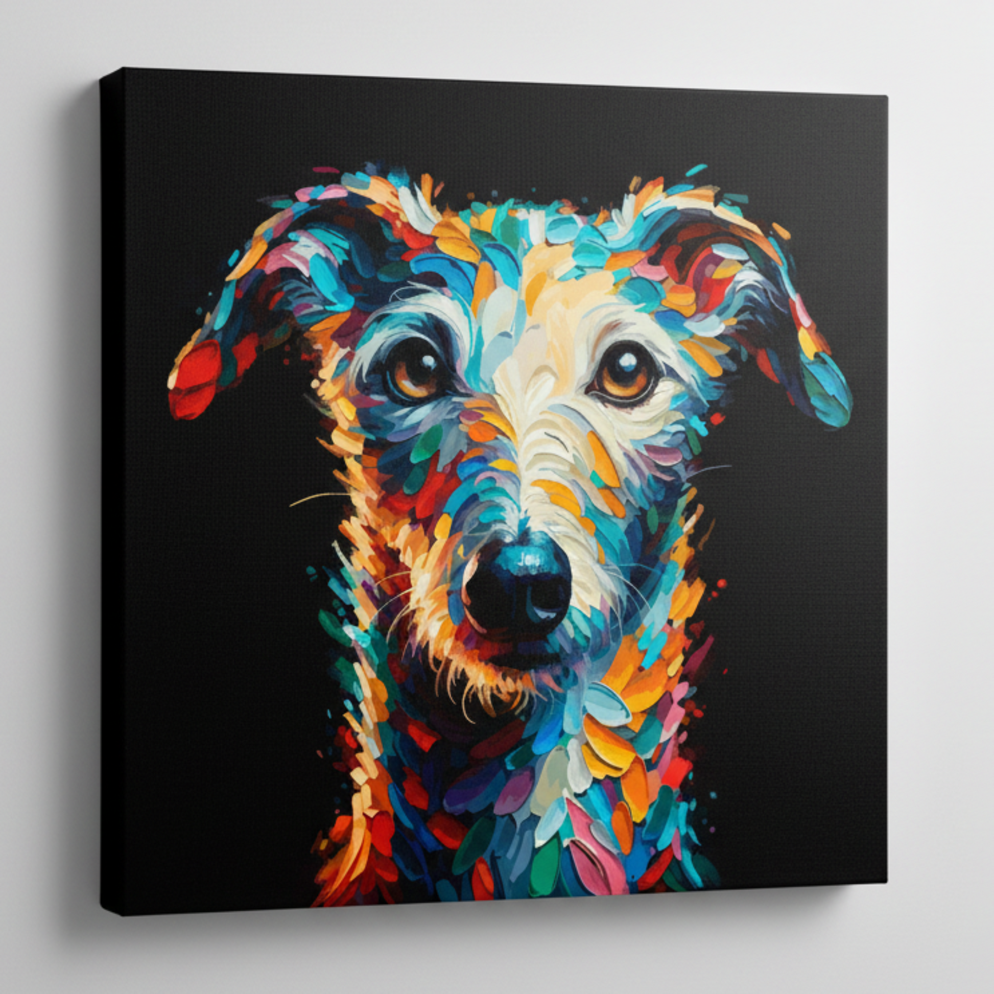 Colourful Bedlington Whippet dog portrait canvas print - UK made abstract pet wall art black background