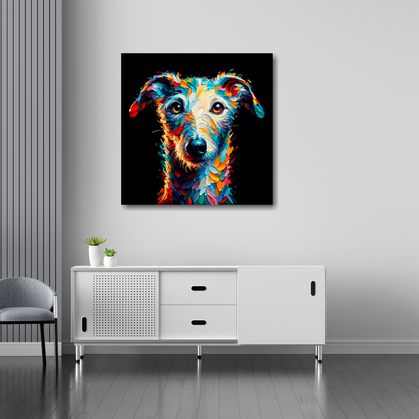 Bedlington Whippet canvas 30x30 inches above sideboard - large colourful dog portrait UK made