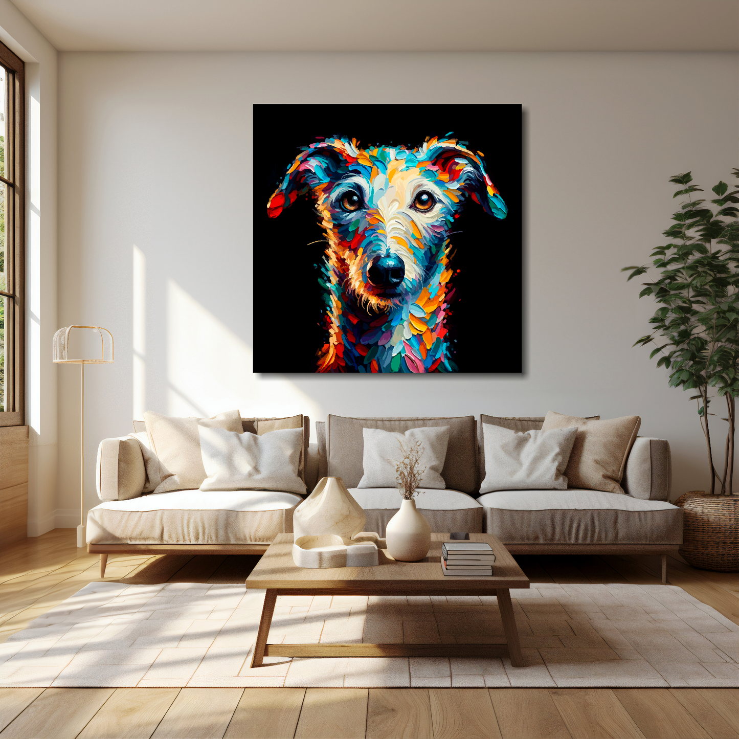 Bedlington Whippet canvas 40x40 inches above cream sofa - XL vibrant dog wall art UK