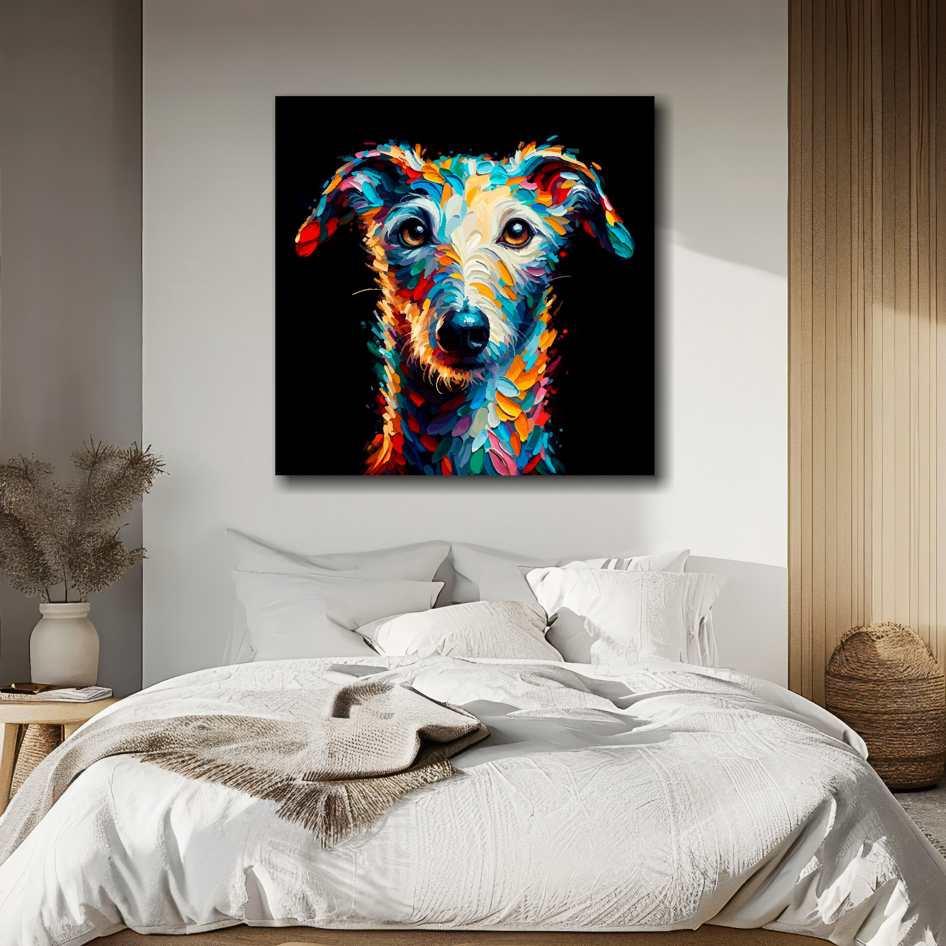 Bedlington Whippet portrait canvas above bed - colourful dog wall decor for UK bedrooms