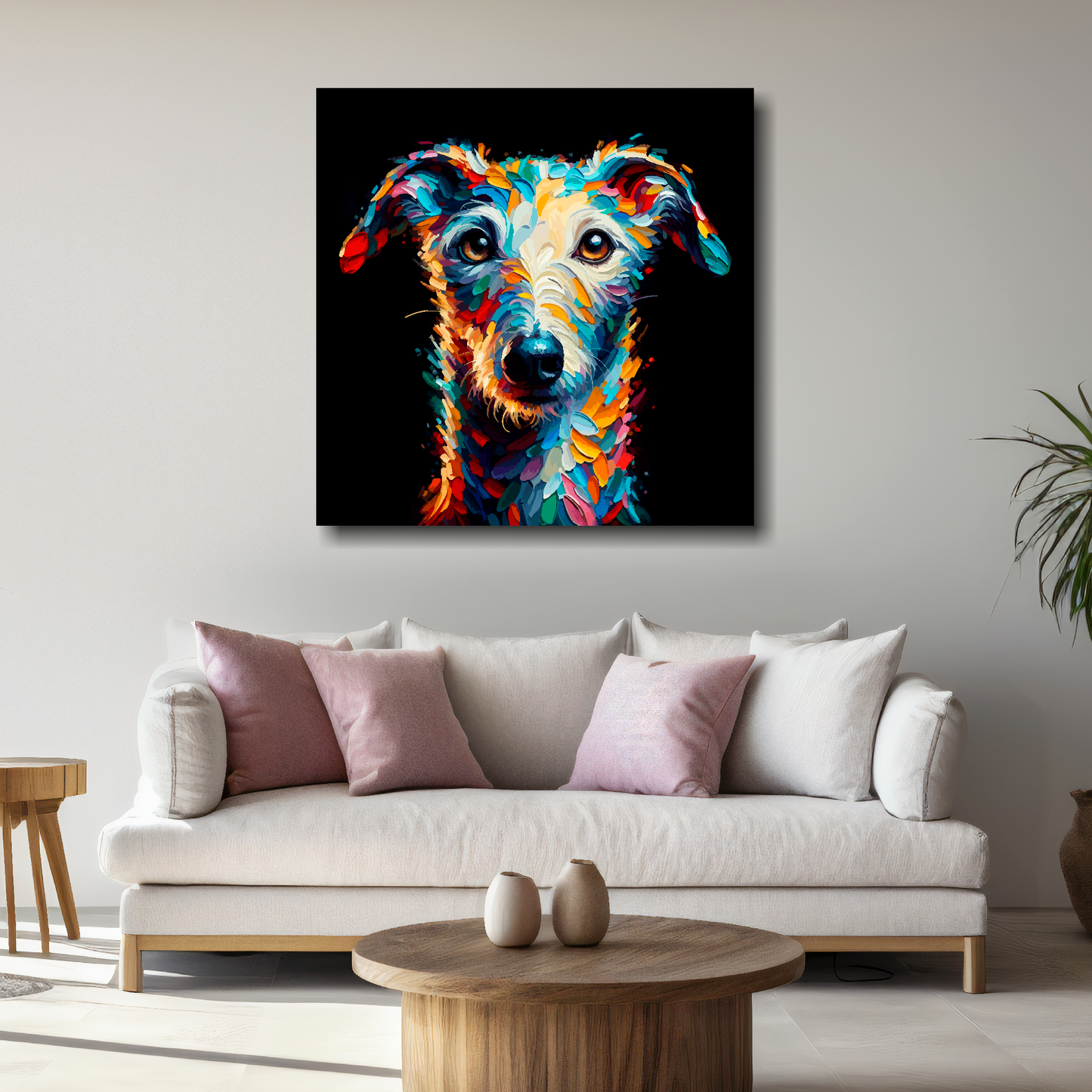 Large Bedlington Whippet canvas above white sofa - vibrant abstract dog portrait wall art UK