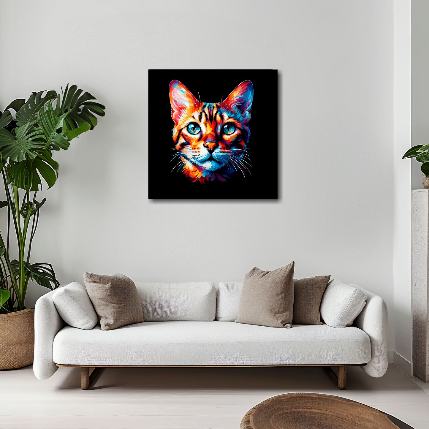 Bengal cat canvas 20x20 inches above white sofa - vibrant cat portrait wall art UK