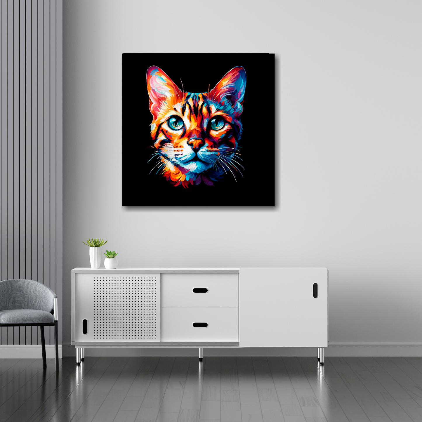 Bengal cat canvas 30x30 inches above sideboard - large colourful cat portrait UK made