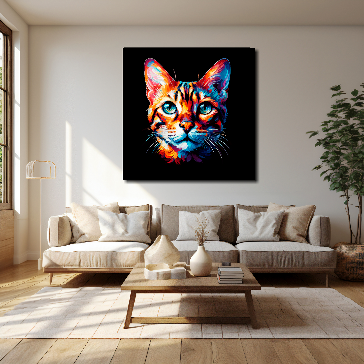 Bengal cat canvas 40x40 inches above cream sofa - XL vibrant cat wall art UK