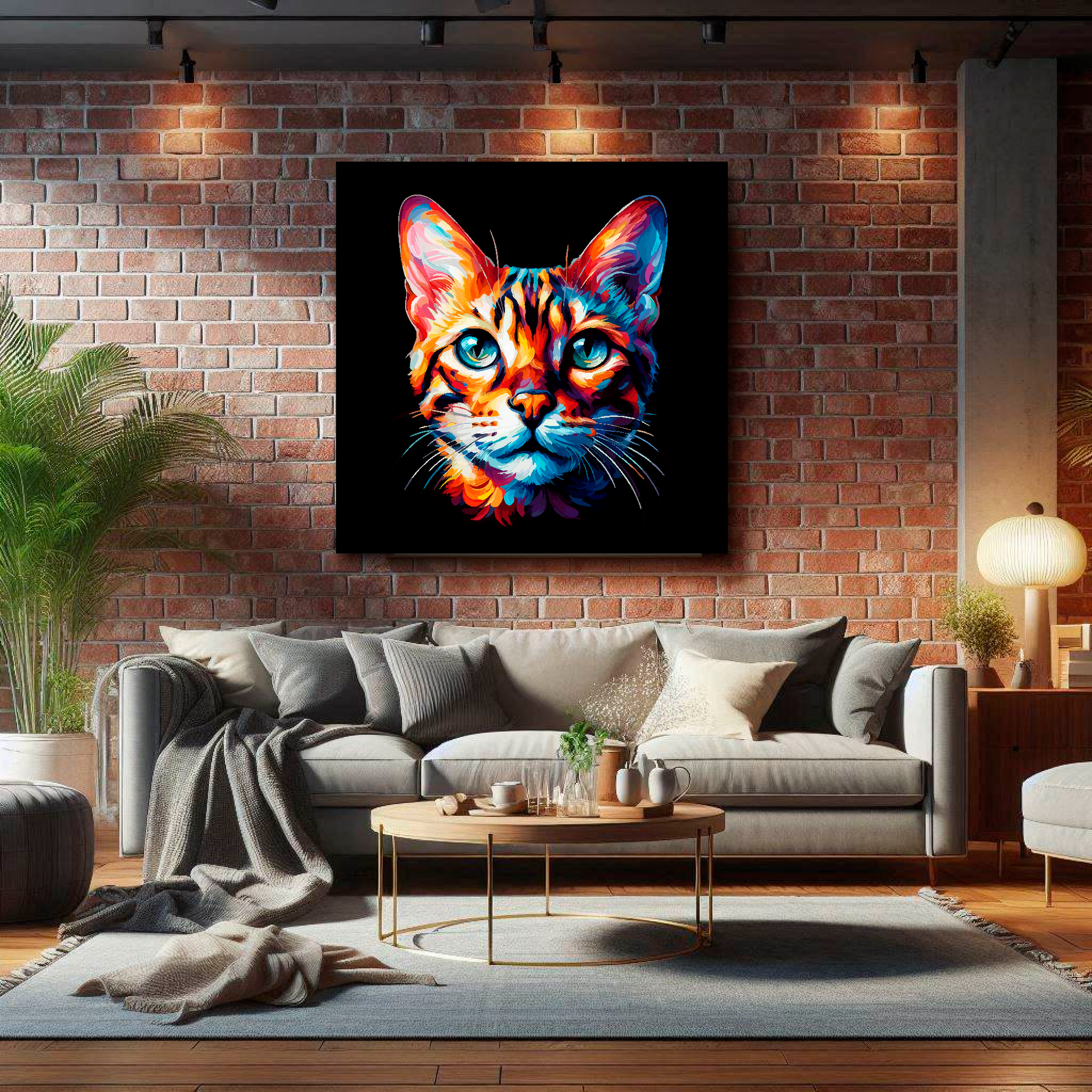 Large Bengal cat canvas on brick wall above grey sofa - bold cat portrait UK living room