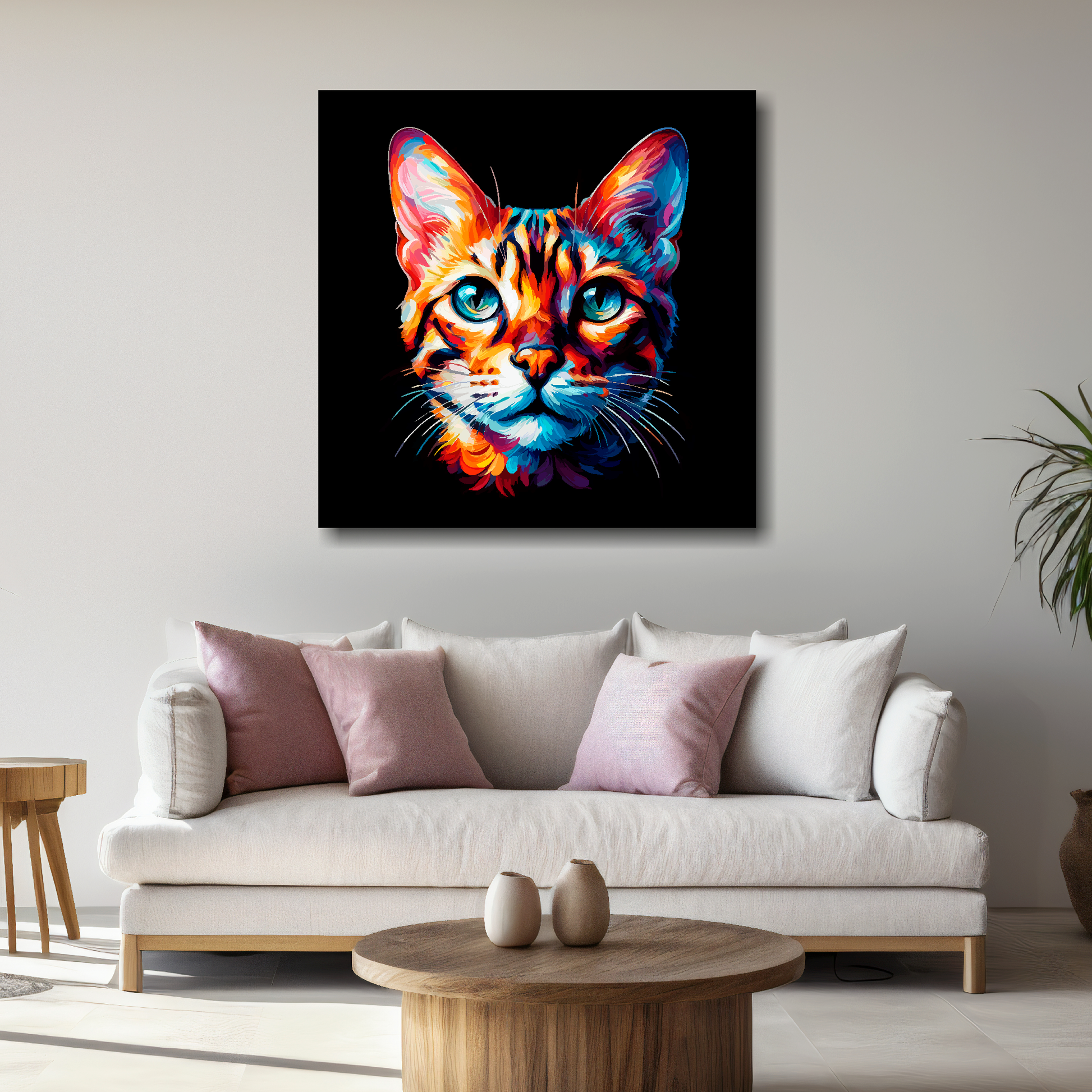 Large Bengal cat canvas above white sofa - vibrant abstract cat portrait wall art UK