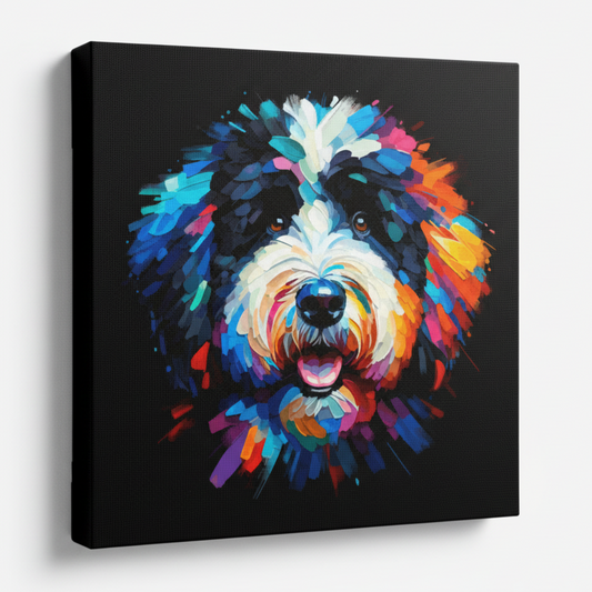 Colourful Bernedoodle dog portrait canvas print - UK made abstract pet wall art black background