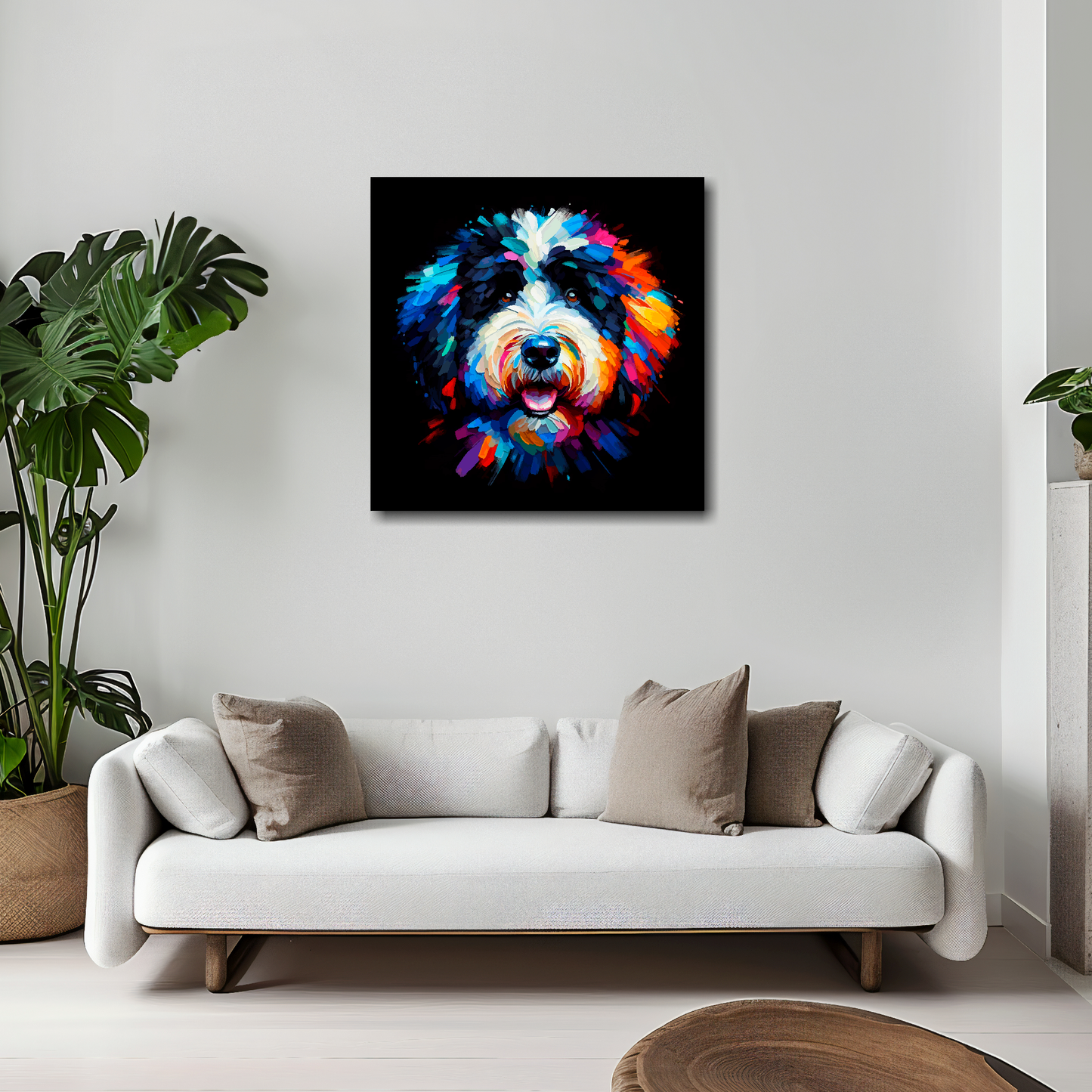 Bernedoodle canvas 20x20 inches above white sofa - vibrant dog portrait wall art UK