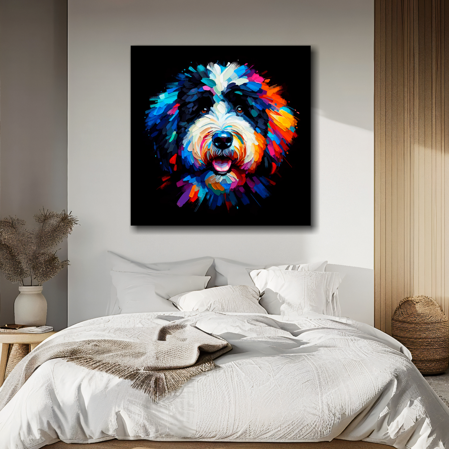 Bernedoodle portrait canvas above bed - colourful dog wall decor for UK bedrooms