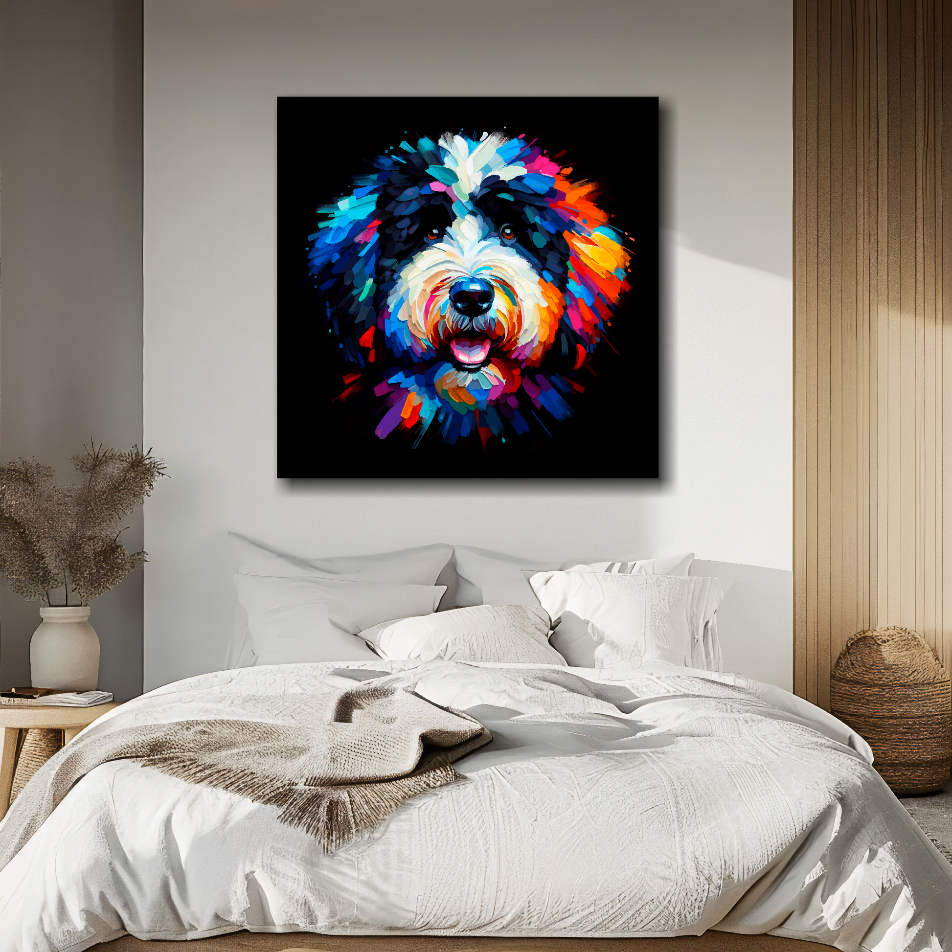 Bernedoodle portrait canvas above bed - colourful dog wall decor for UK bedrooms