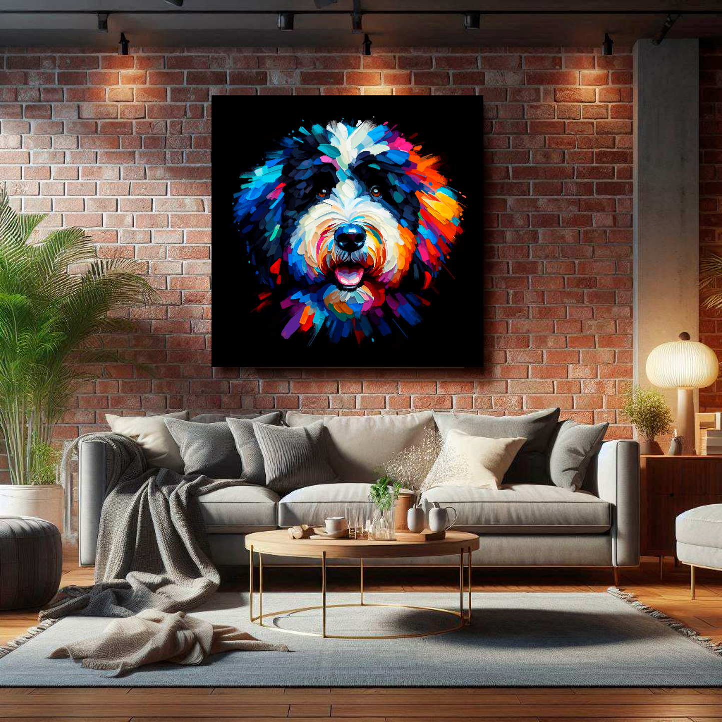 Large Bernedoodle canvas on brick wall above grey sofa - bold dog portrait UK living room