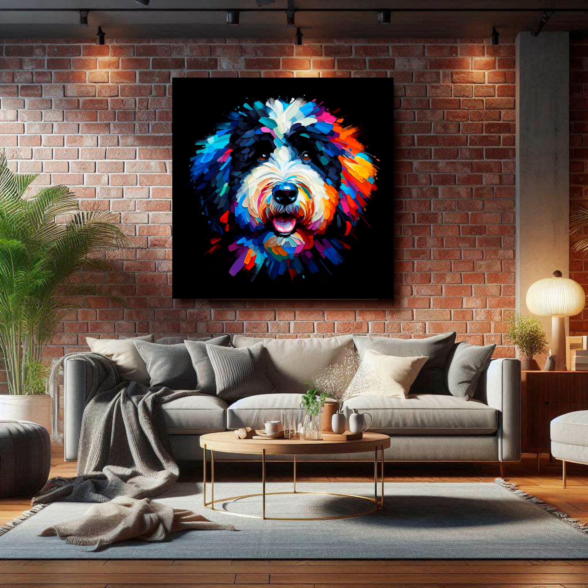 Large Bernedoodle canvas on brick wall above grey sofa - bold dog portrait UK living room