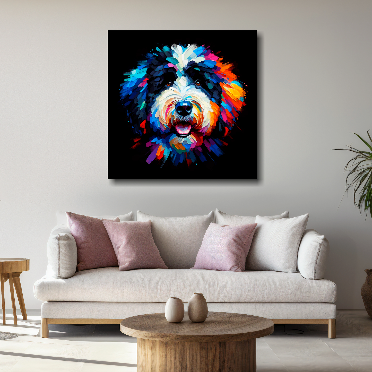 Large Bernedoodle canvas above white sofa - vibrant abstract dog portrait wall art UK