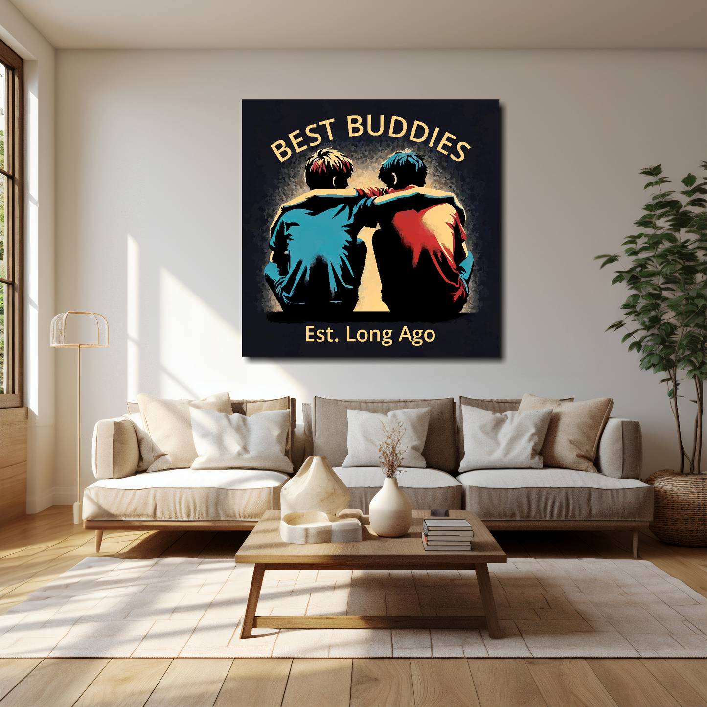 Best buddies canvas 40x40 inches above cream sofa - XL vibrant friendship wall art UK