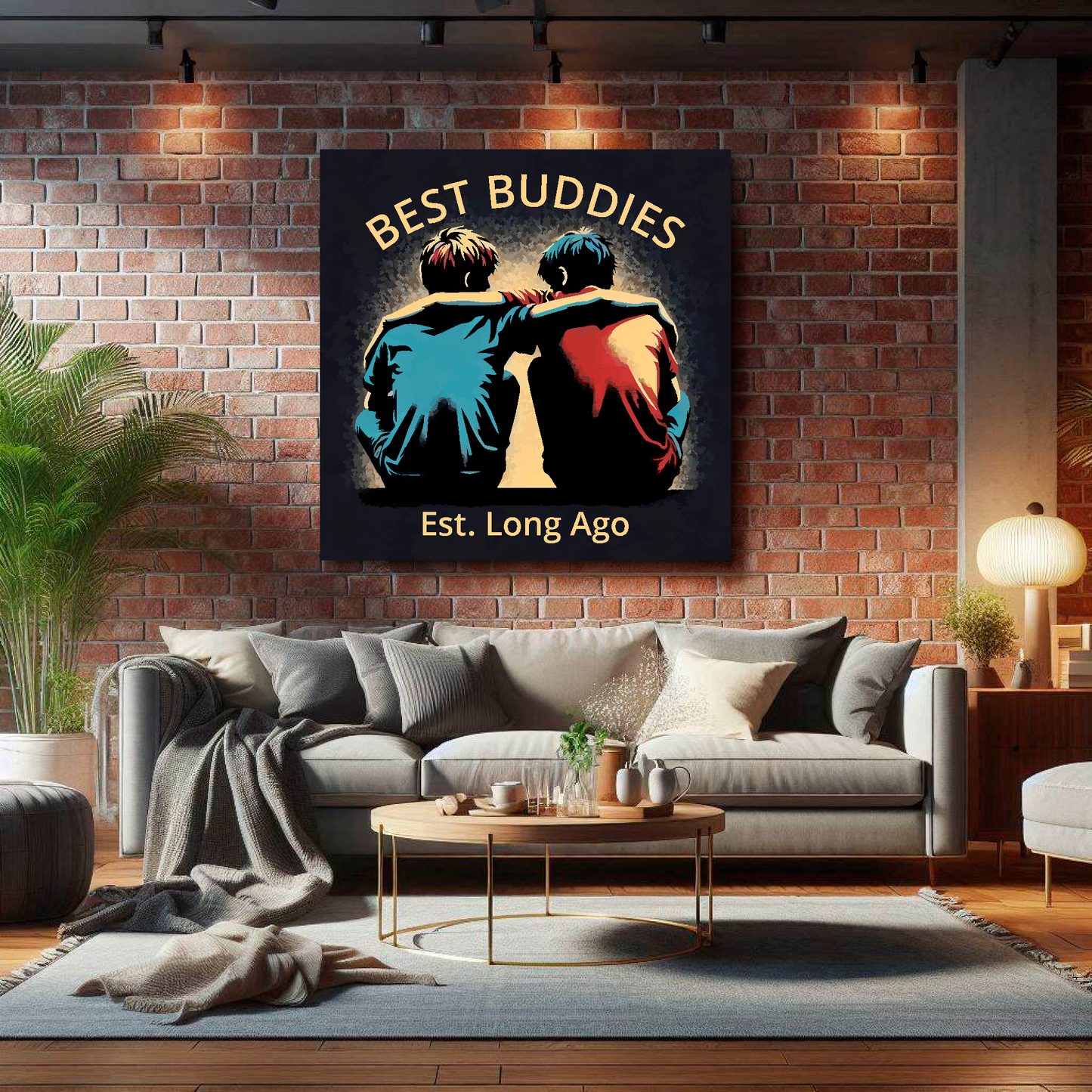 Large best buddies canvas on brick wall above grey sofa - bold friendship art UK living room