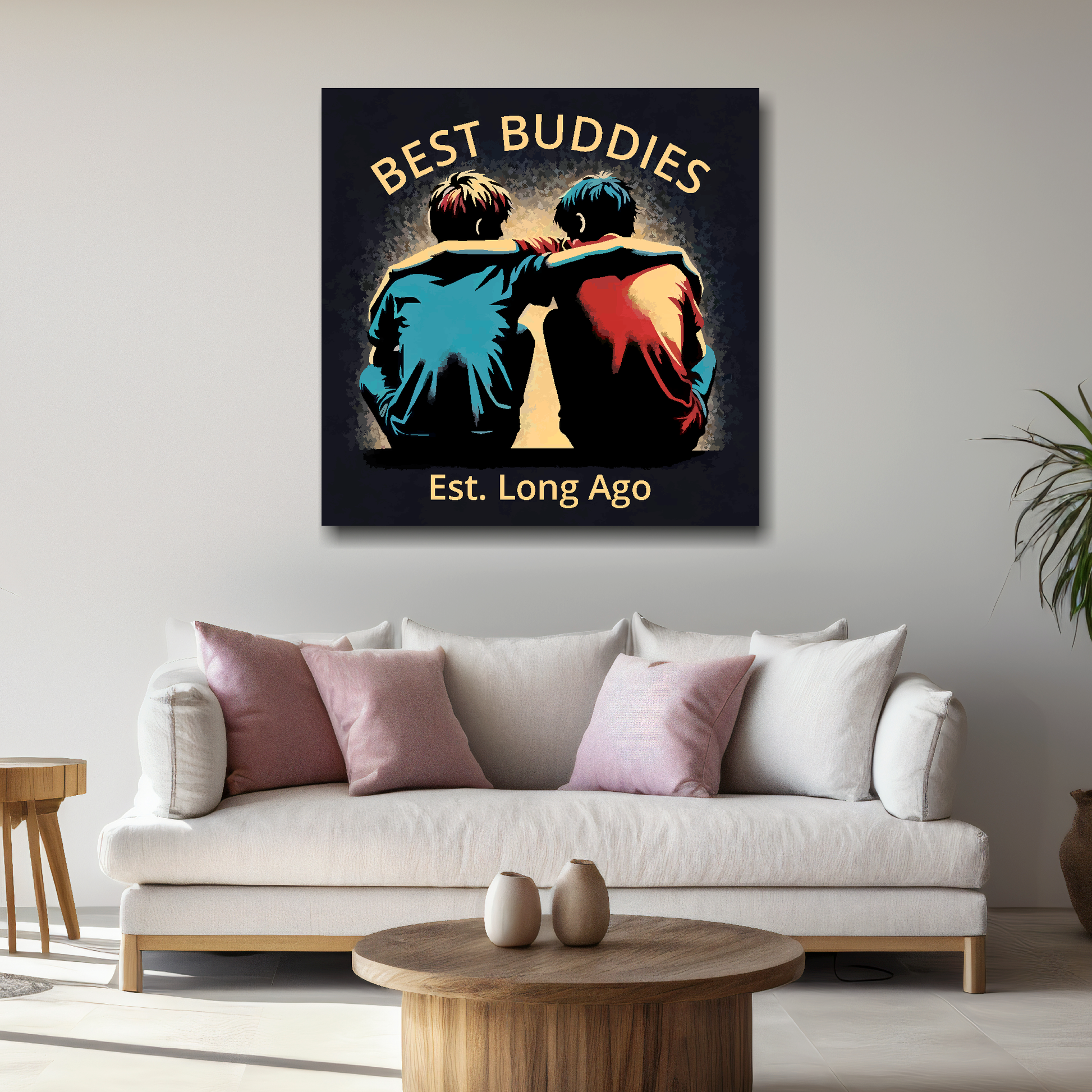 Large best buddies canvas above white sofa - vibrant abstract friendship wall art UK