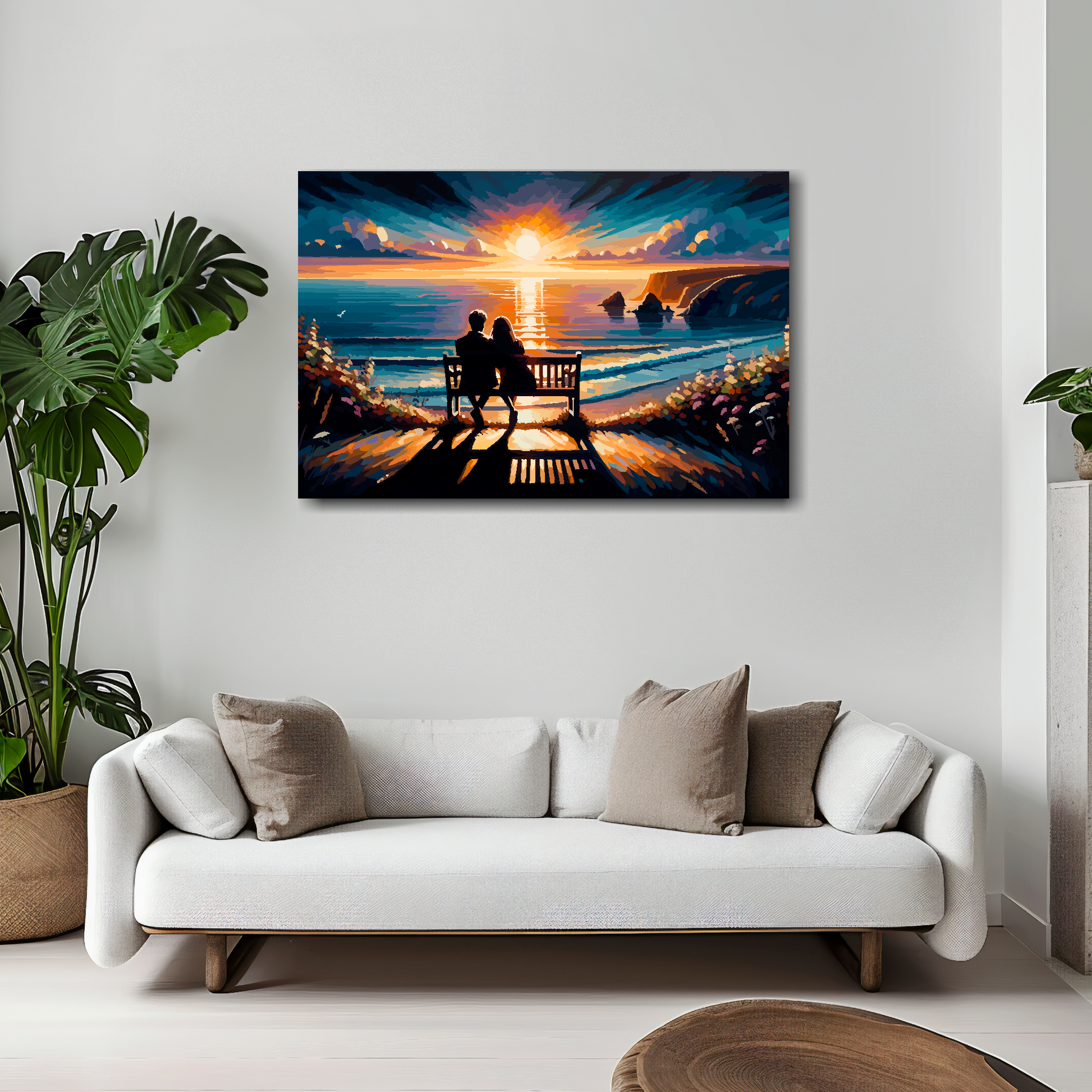 Beach seascape canvas 30x20 inches above white sofa - vibrant coastal wall art UK
