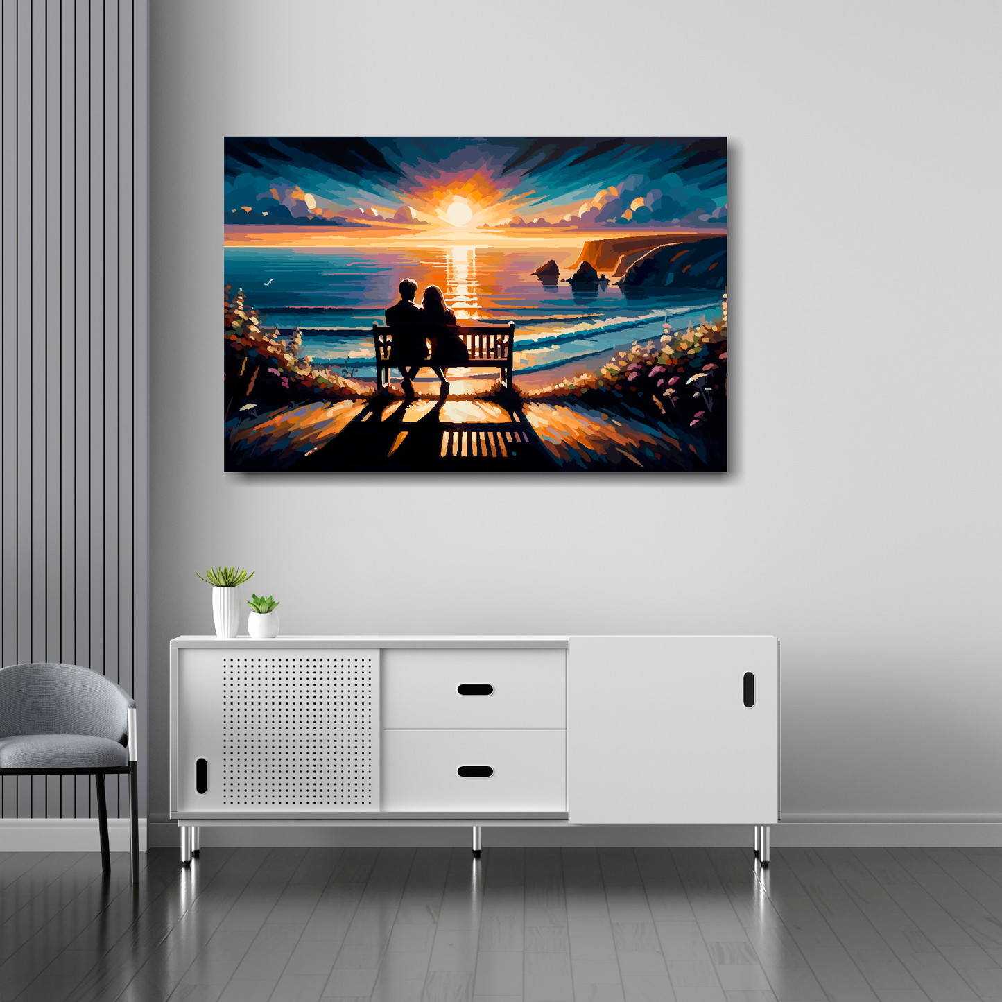 Beach seascape canvas 36x24 inches above sideboard - large colourful coastal art UK made
