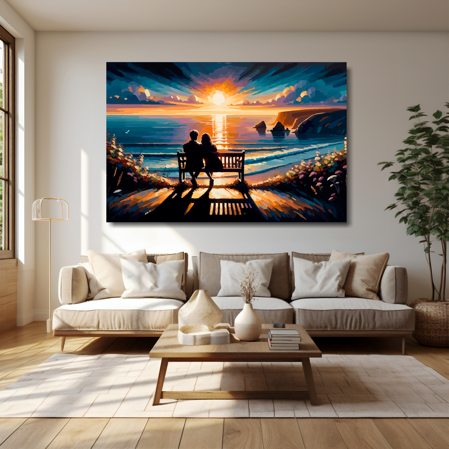 Beach seascape canvas 60x40 inches above cream sofa - XL vibrant coastal wall art UK

