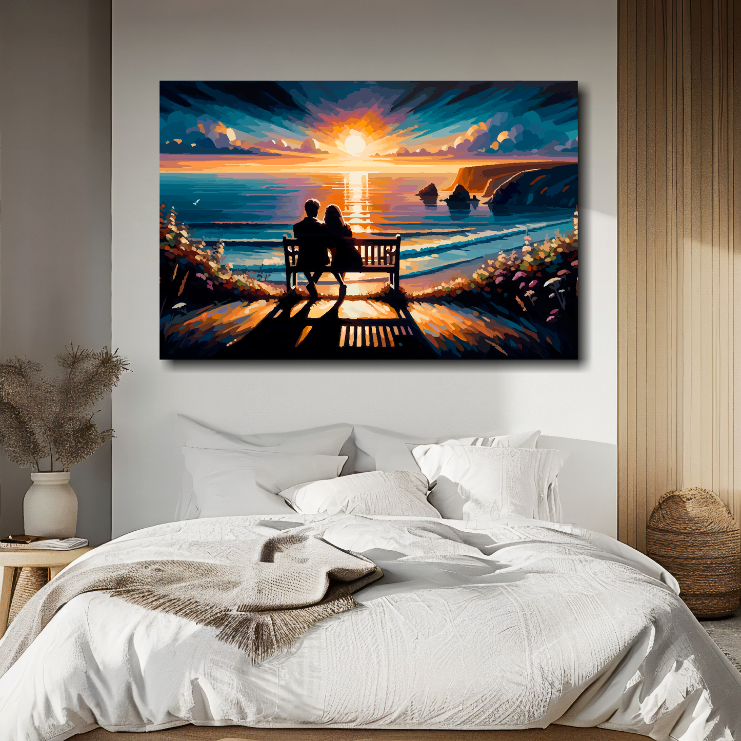 Beach seascape canvas above bed - colourful coastal wall decor for UK bedrooms