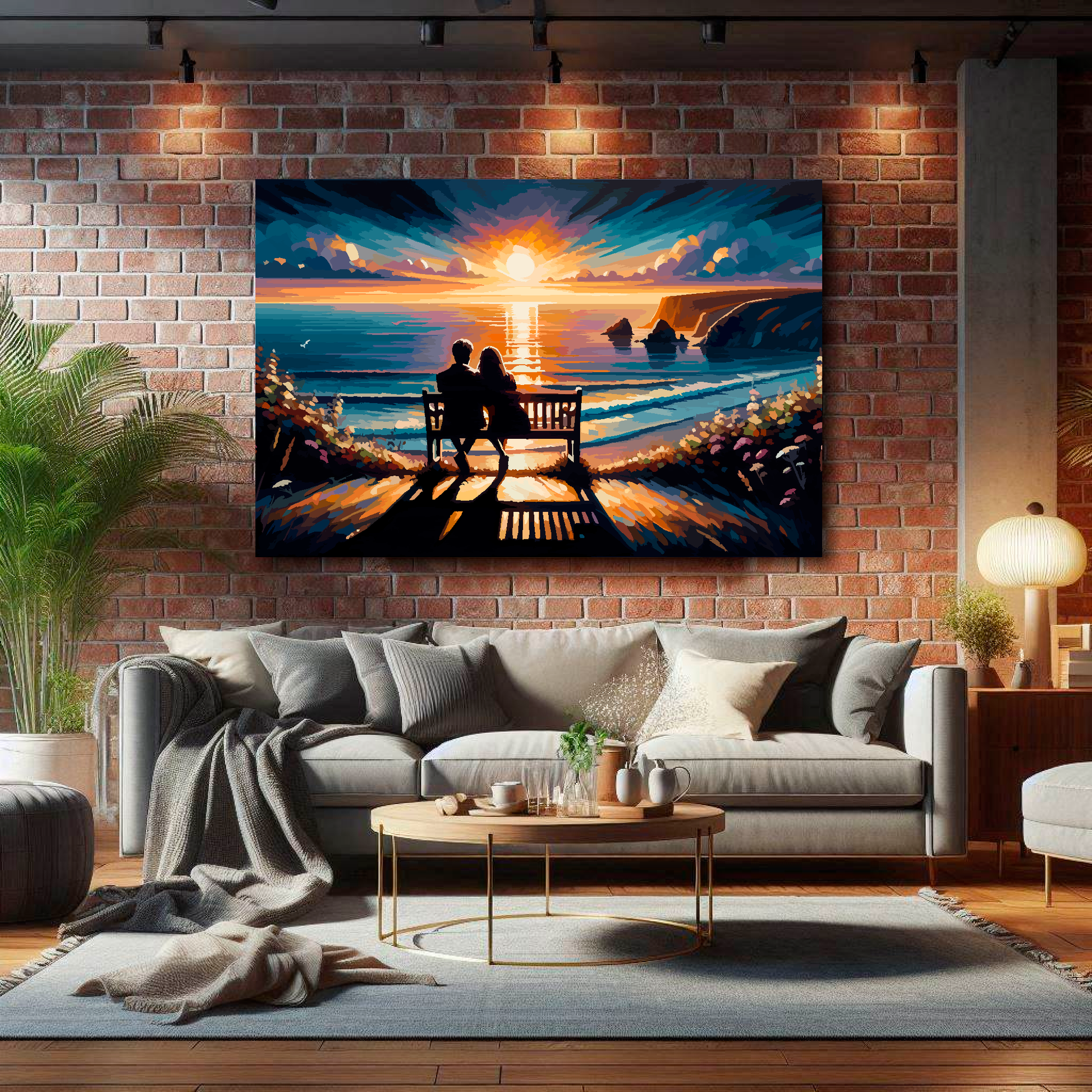 Large beach seascape canvas on brick wall above grey sofa - bold coastal art UK living room