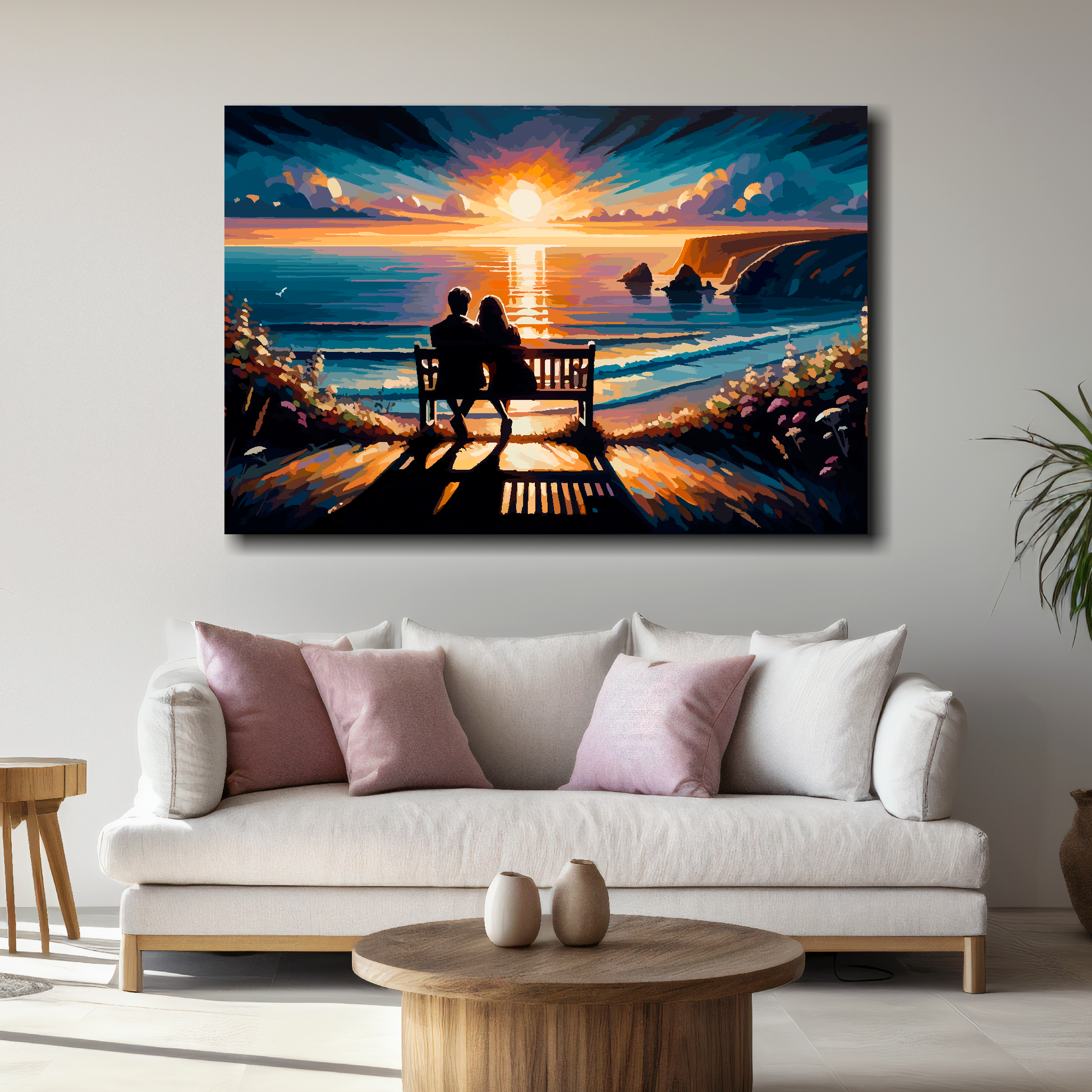Large beach seascape canvas above white sofa - vibrant abstract coastal wall art UK
