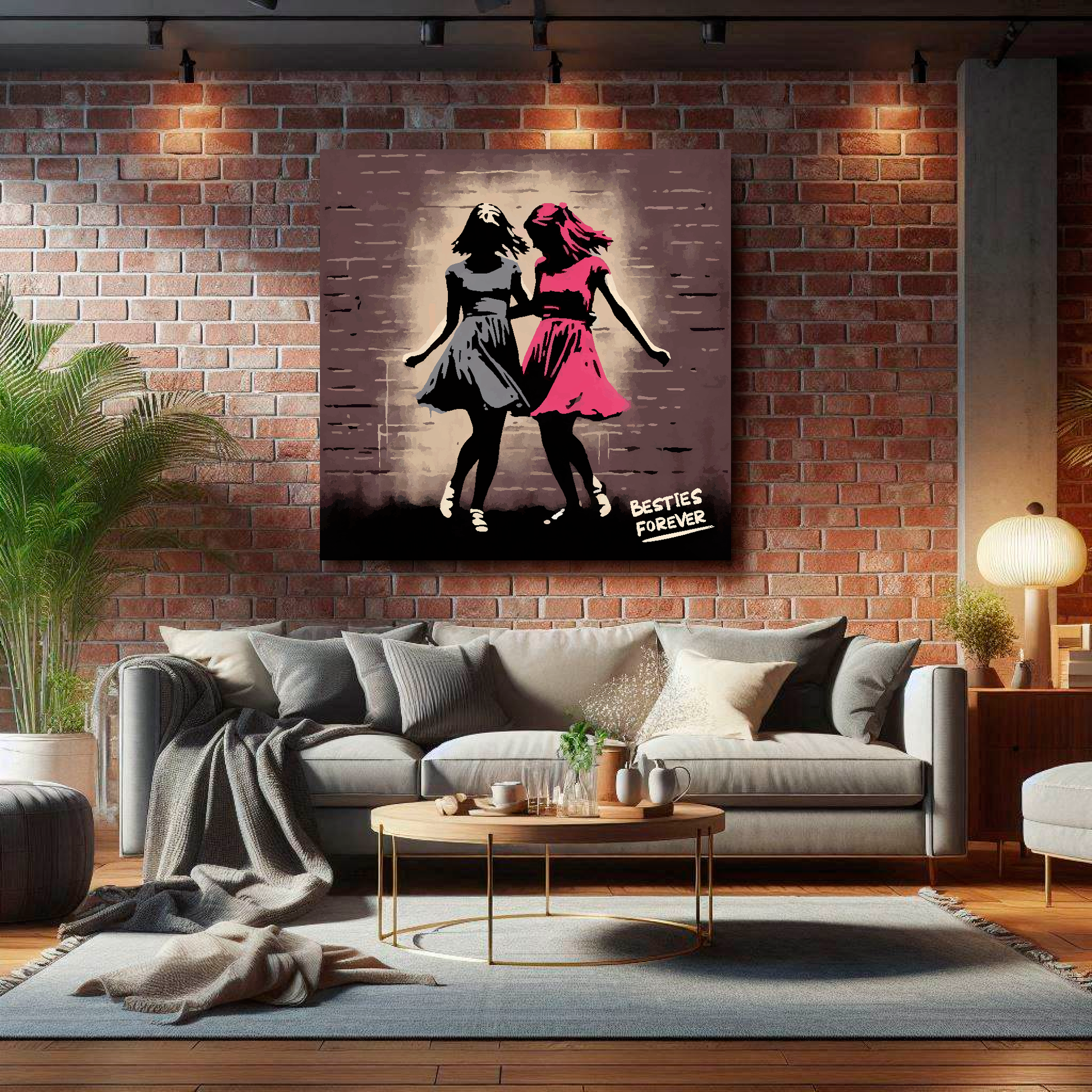 Large besties forever canvas on brick wall above grey sofa - bold friendship art UK living room
