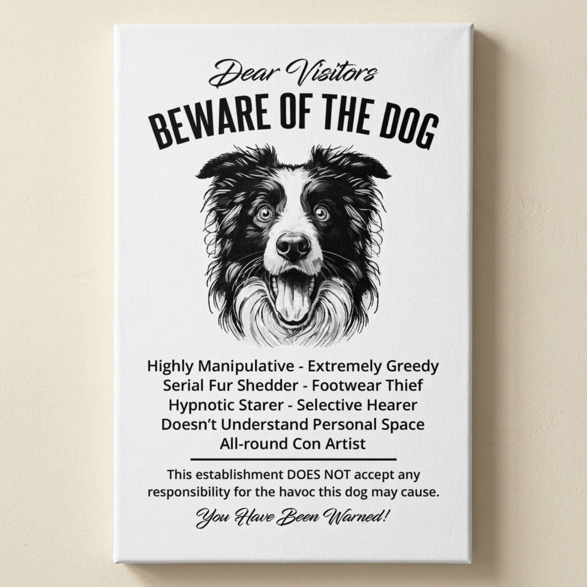 A rectangular white canvas sign with black printed funny text warning visitors about a border collie dog, featuring a black-and-white illustration and humorous behavioral descriptions. The canvas print is photographed against a light beige wall.