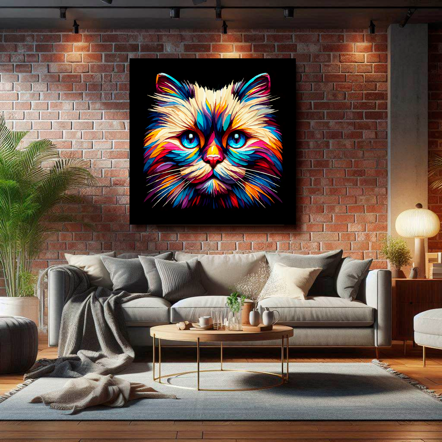 Large Birman cat canvas on brick wall above grey sofa - bold cat portrait UK living room