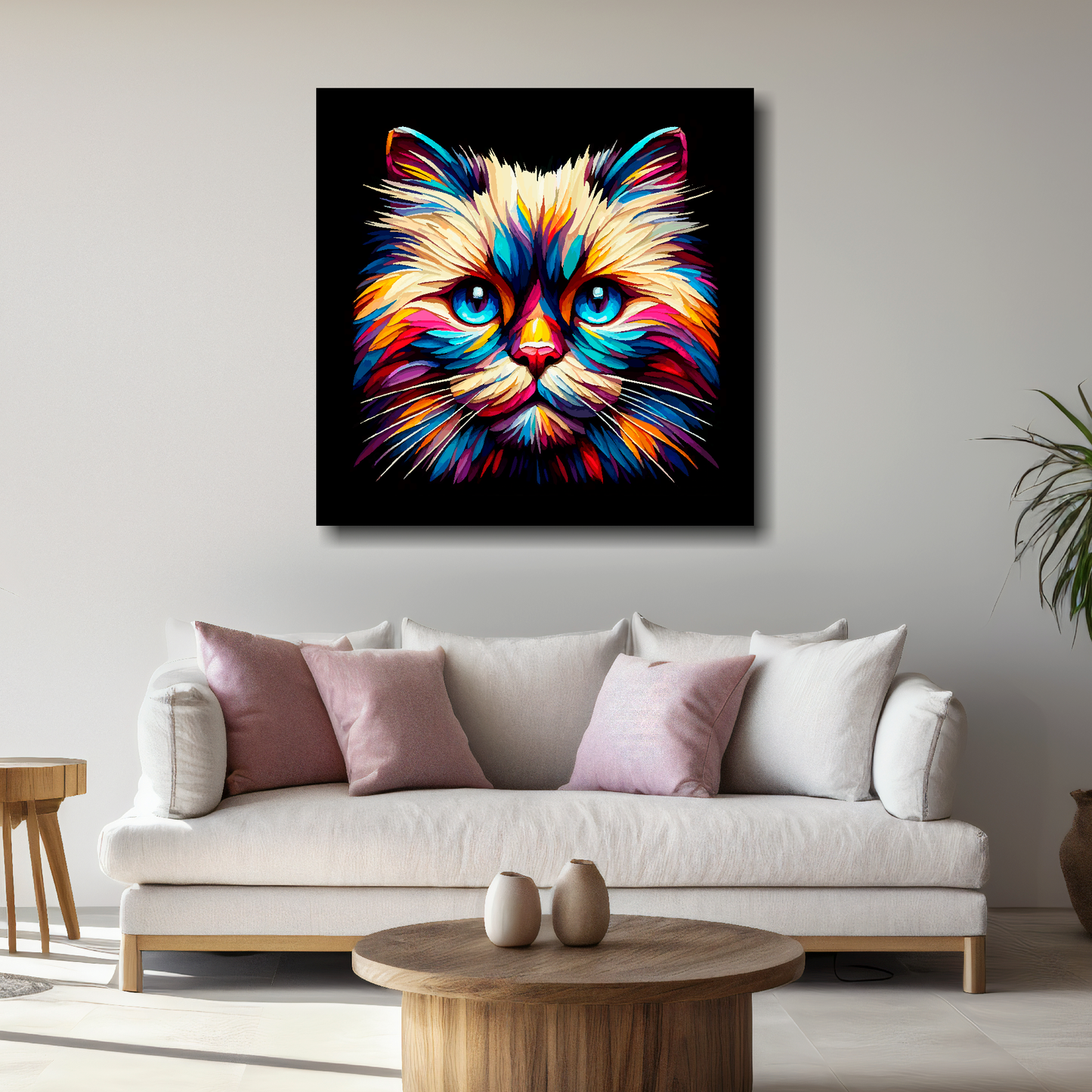 Large Birman cat canvas above white sofa - vibrant abstract cat portrait wall art UK