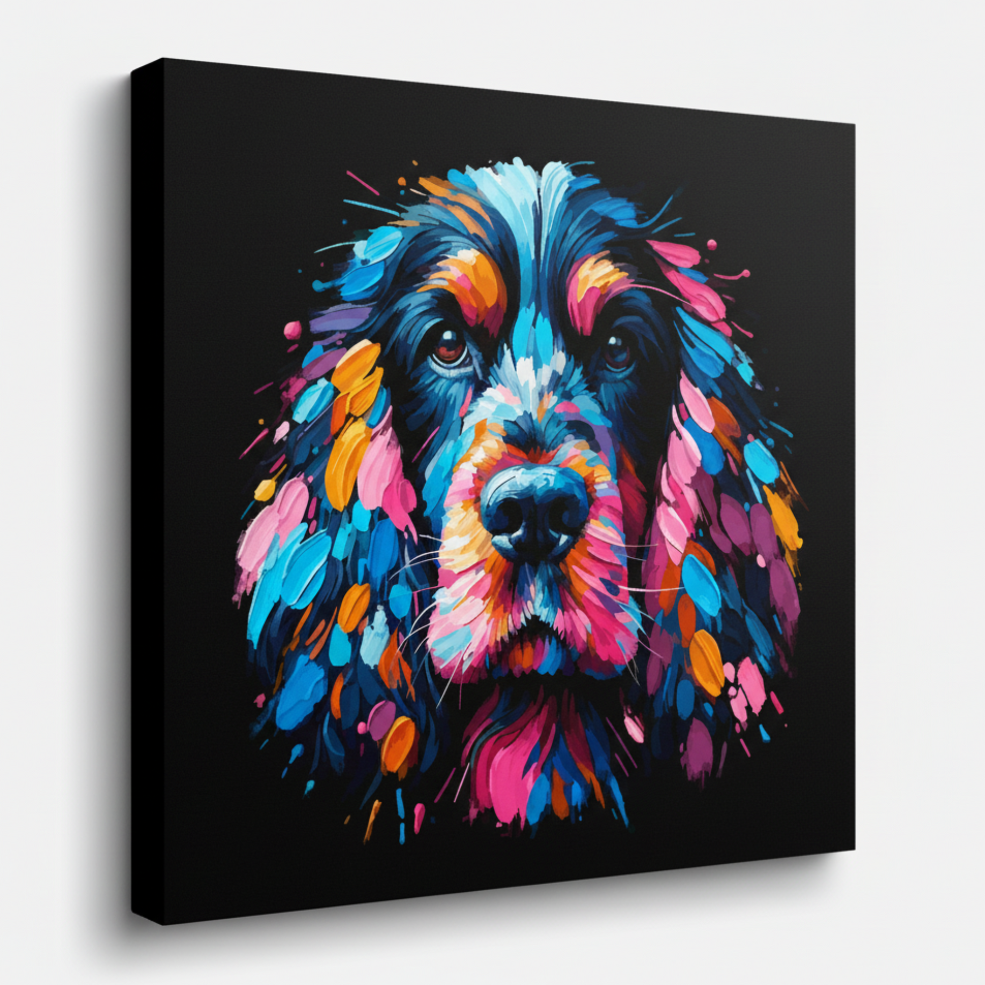 Colourful Black Cocker Spaniel dog portrait canvas print - UK made abstract pet wall art black background