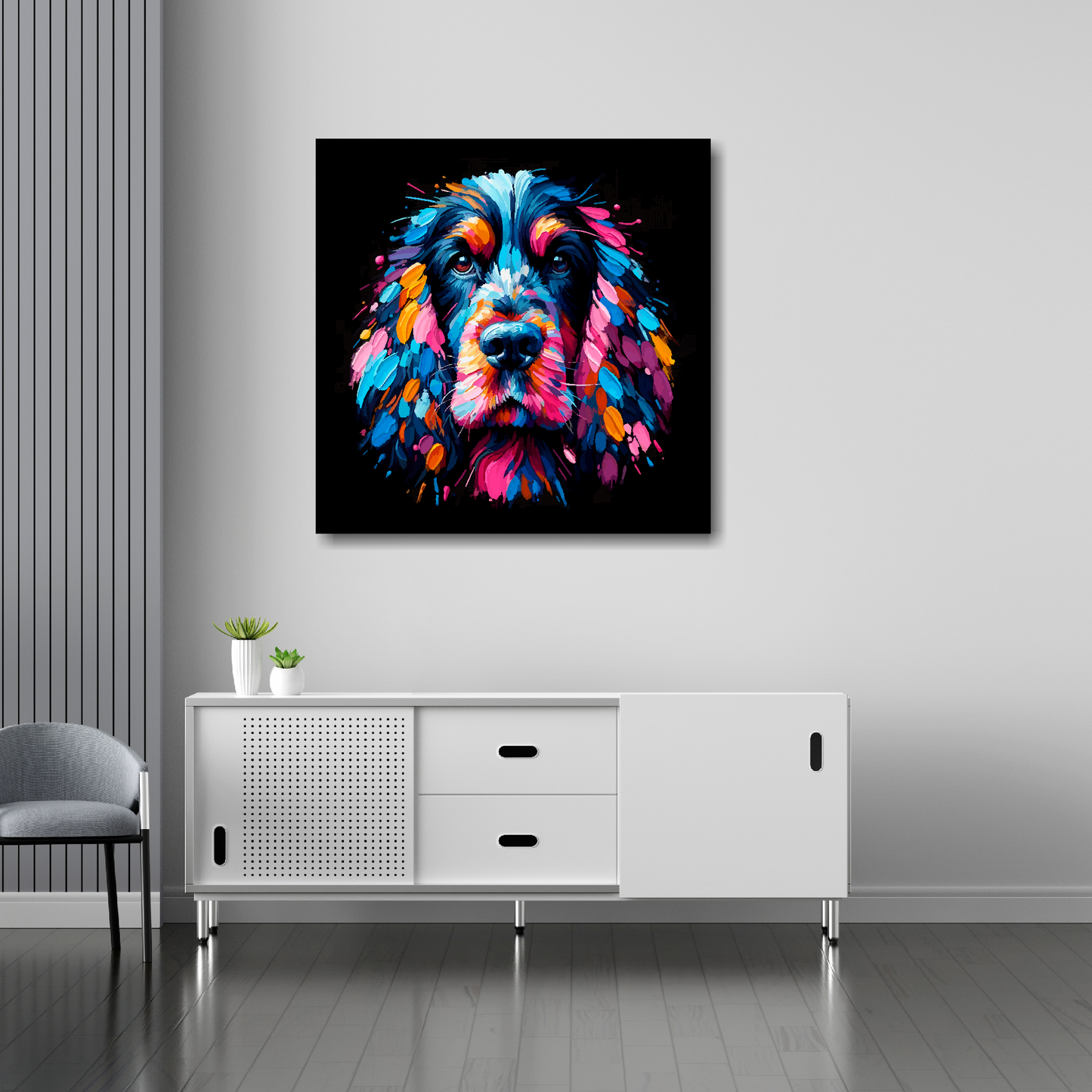 Black Cocker Spaniel canvas 30x30 inches above sideboard - large colourful dog portrait UK made