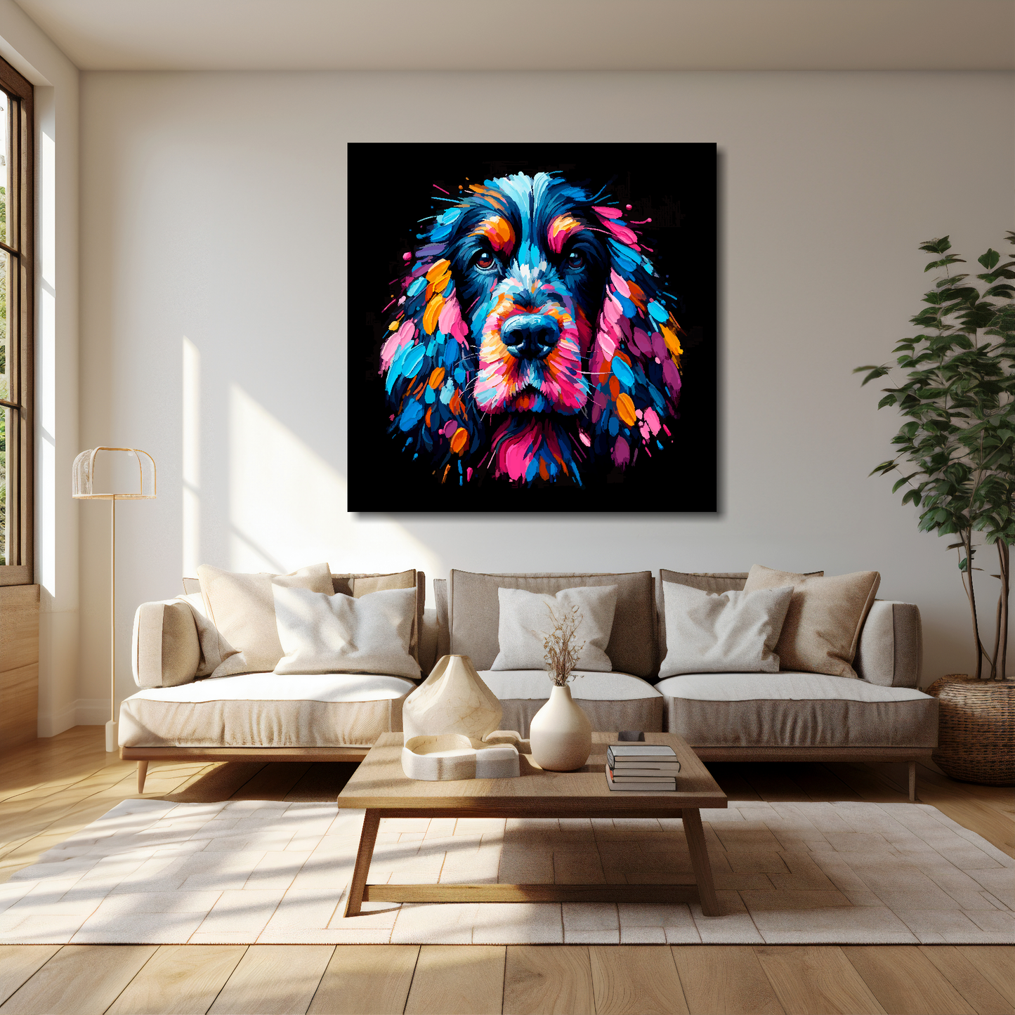 Black Cocker Spaniel canvas 40x40 inches above cream sofa - XL vibrant dog wall art UK