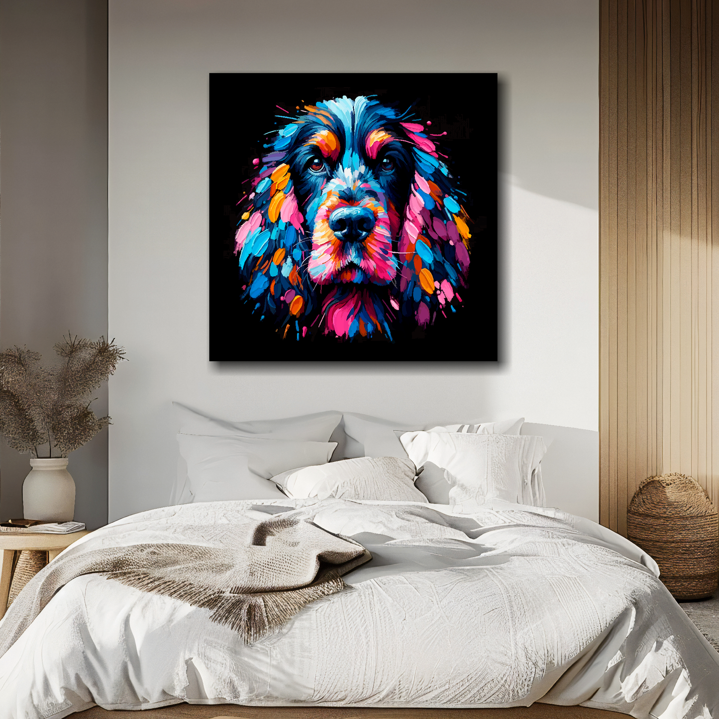 Black Cocker Spaniel portrait canvas above bed - colourful dog wall decor for UK bedrooms