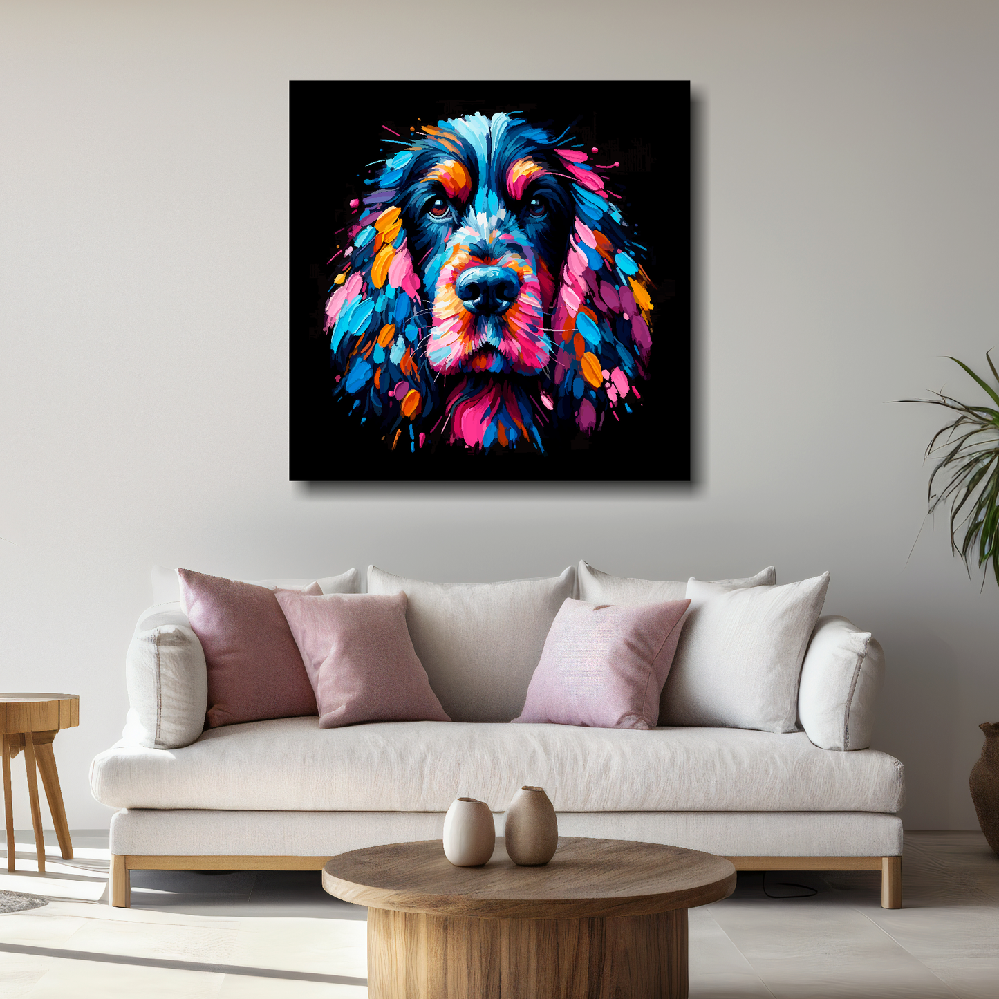 Large Black Cocker Spaniel canvas above white sofa - vibrant abstract dog portrait wall art UK