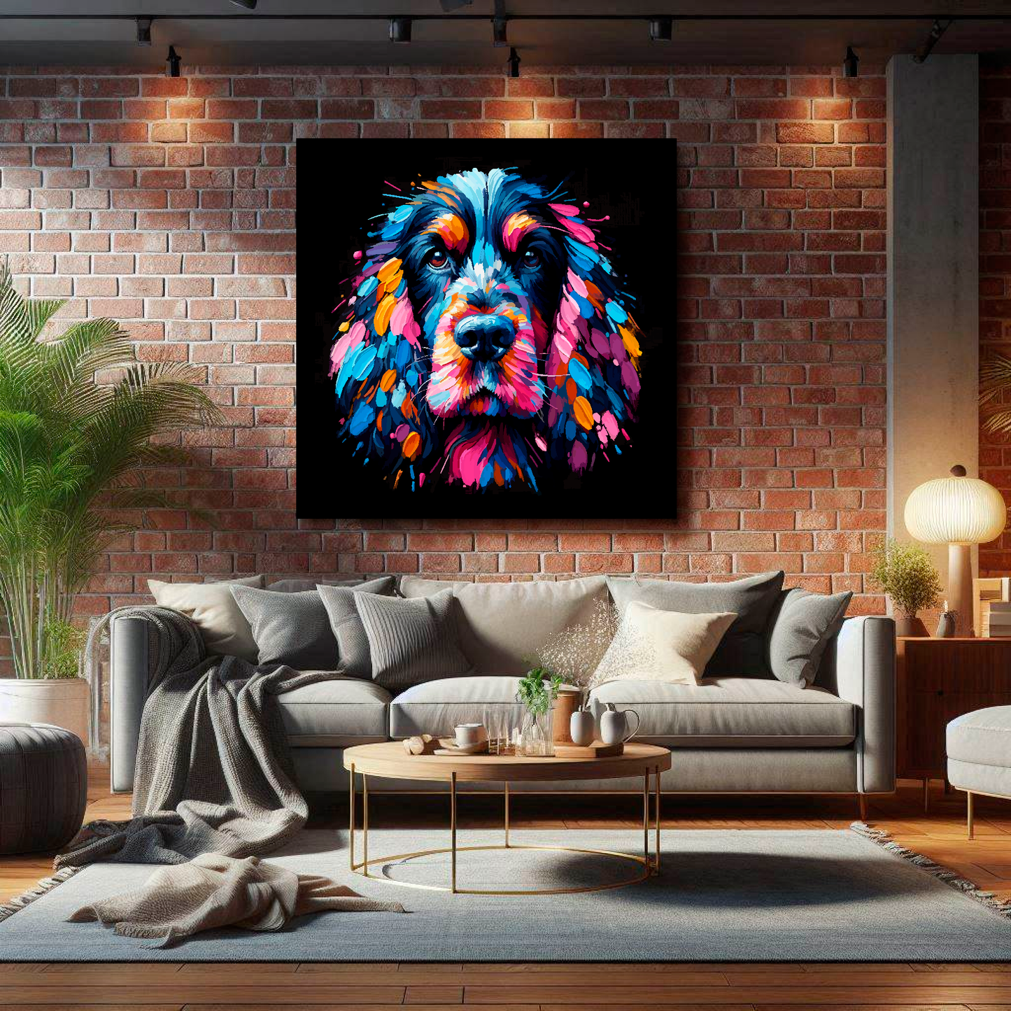 Large Black Cocker Spaniel canvas on brick wall above grey sofa - bold dog portrait UK living room